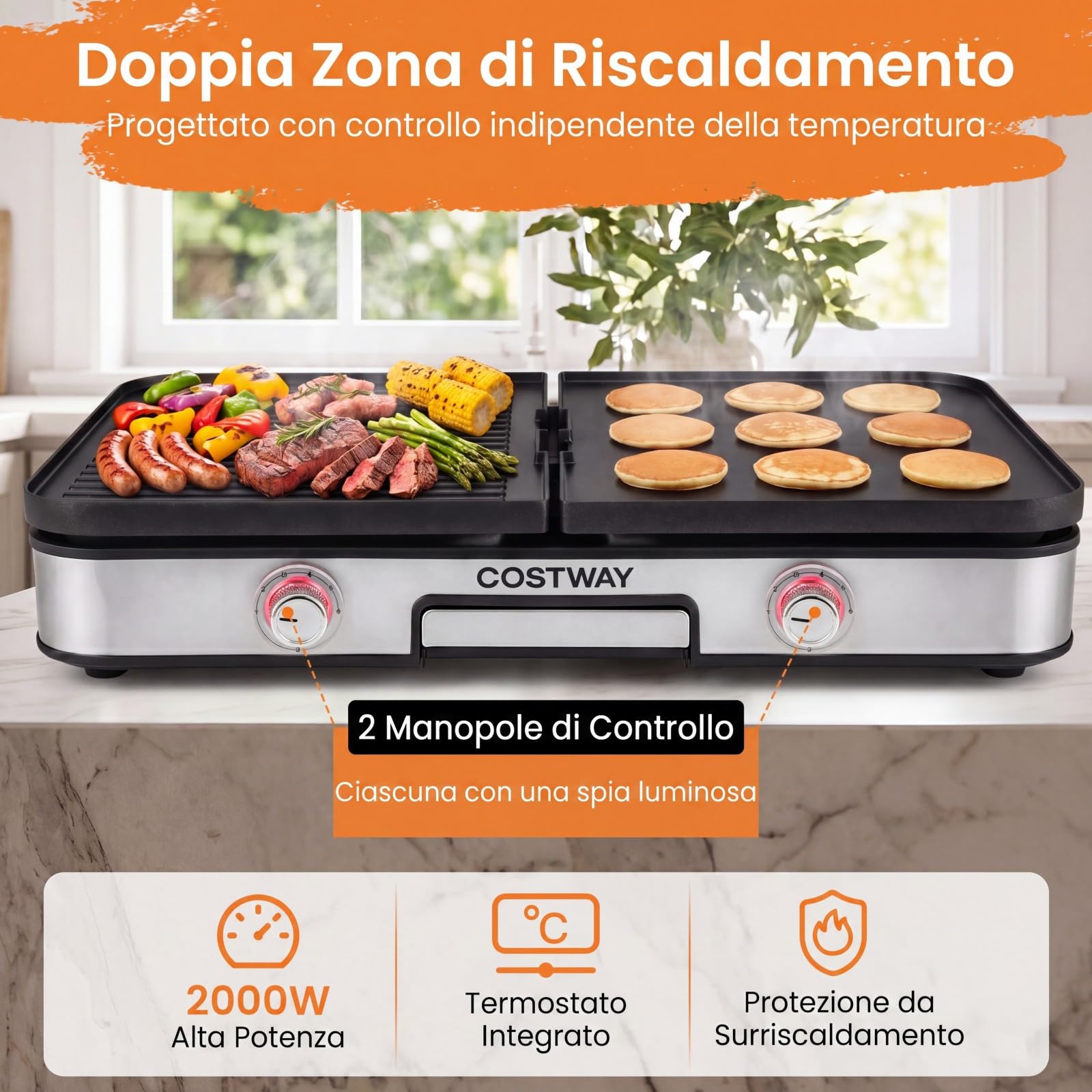 COSTWAY 3 in 1 Griglia Barbecue Elettrica, 2000W Piastra Grill Elettrica con 2 Piastre Reversibili, 2 Manopole per Controllo della Temperatura, Griglia da Tavolo Antiaderente per BBQ e Campeggio