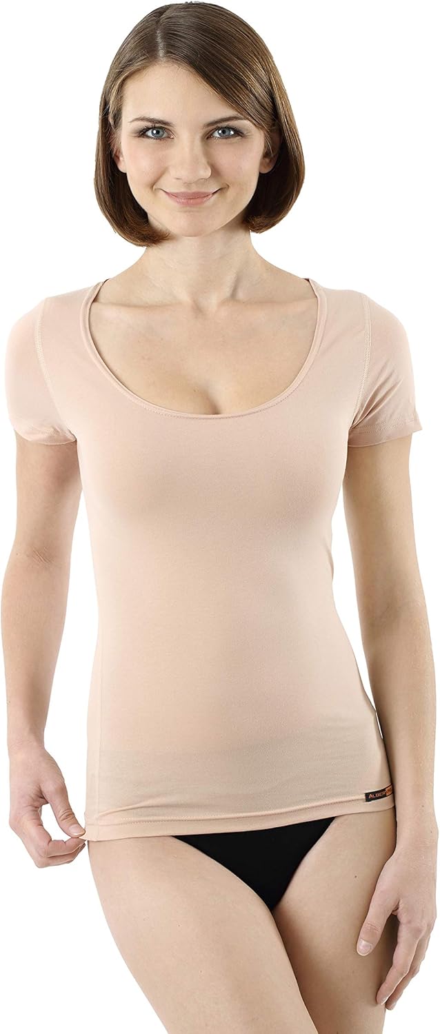 ALBERT KREUZ Women’s Invisible Short-Sleeve Undershirt – Deep Scoop Neck, Organic Stretch Cotton Jersey, Beige