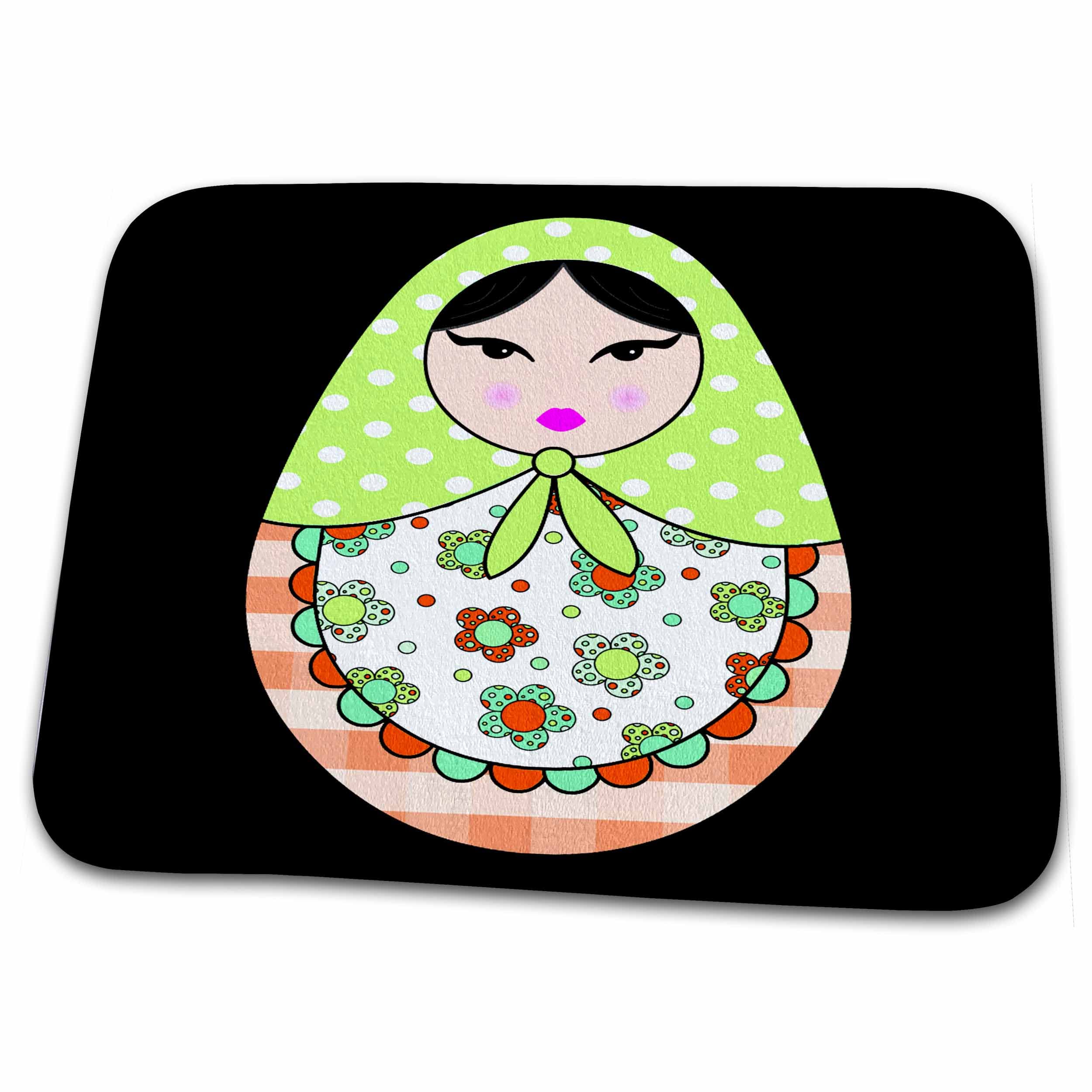 Dish Drying Mat - Cute Russian Matryoshka Nesting Doll Black Hair - Warm Colors Black Designs Dolls