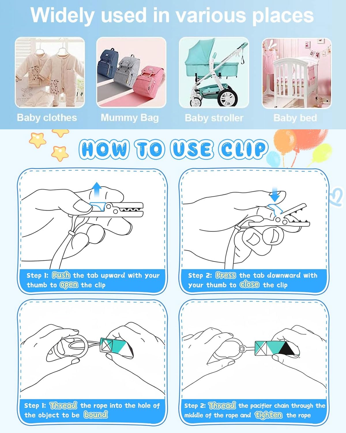 LEEQBCR 4 Pcs Chupetero de clip para Bebé,Ajustable Cadena para Chupete Bebe,Cadena de Chupetes para niños y niñas,Diseño de Una Pieza,Sin BPA,Protege a tu bebe - 4