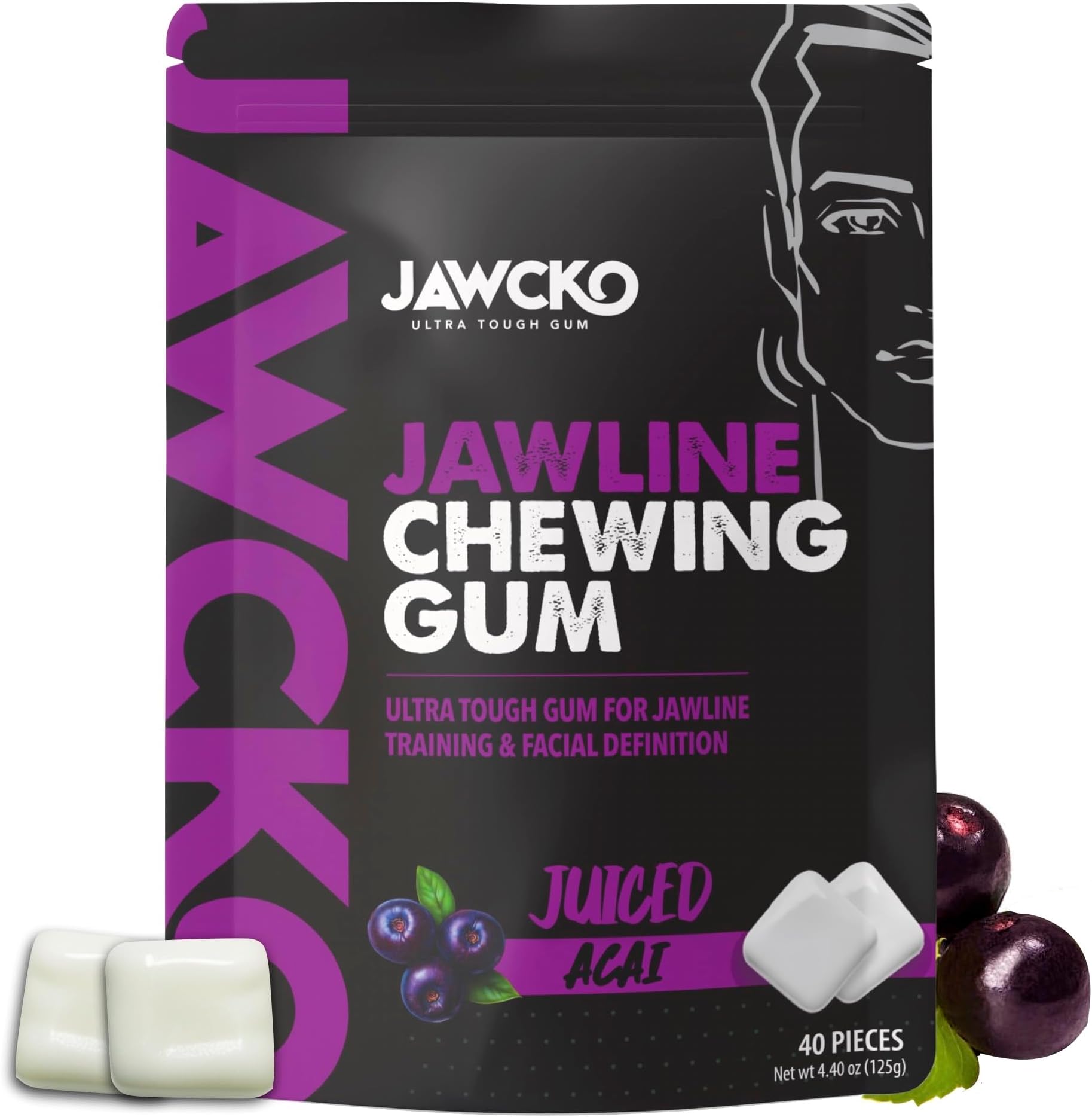 JAWCKO Ultra-tough Jawline Chewing Gum | Get a Stronger, Squarer Jawline | Juiced Acai Jaw Training Hard Gum | Chisel, Sculpt, Tone your Jaw | 15X Hardness | Facial Fitness Mewing Gum | 40 Pieces/Pack