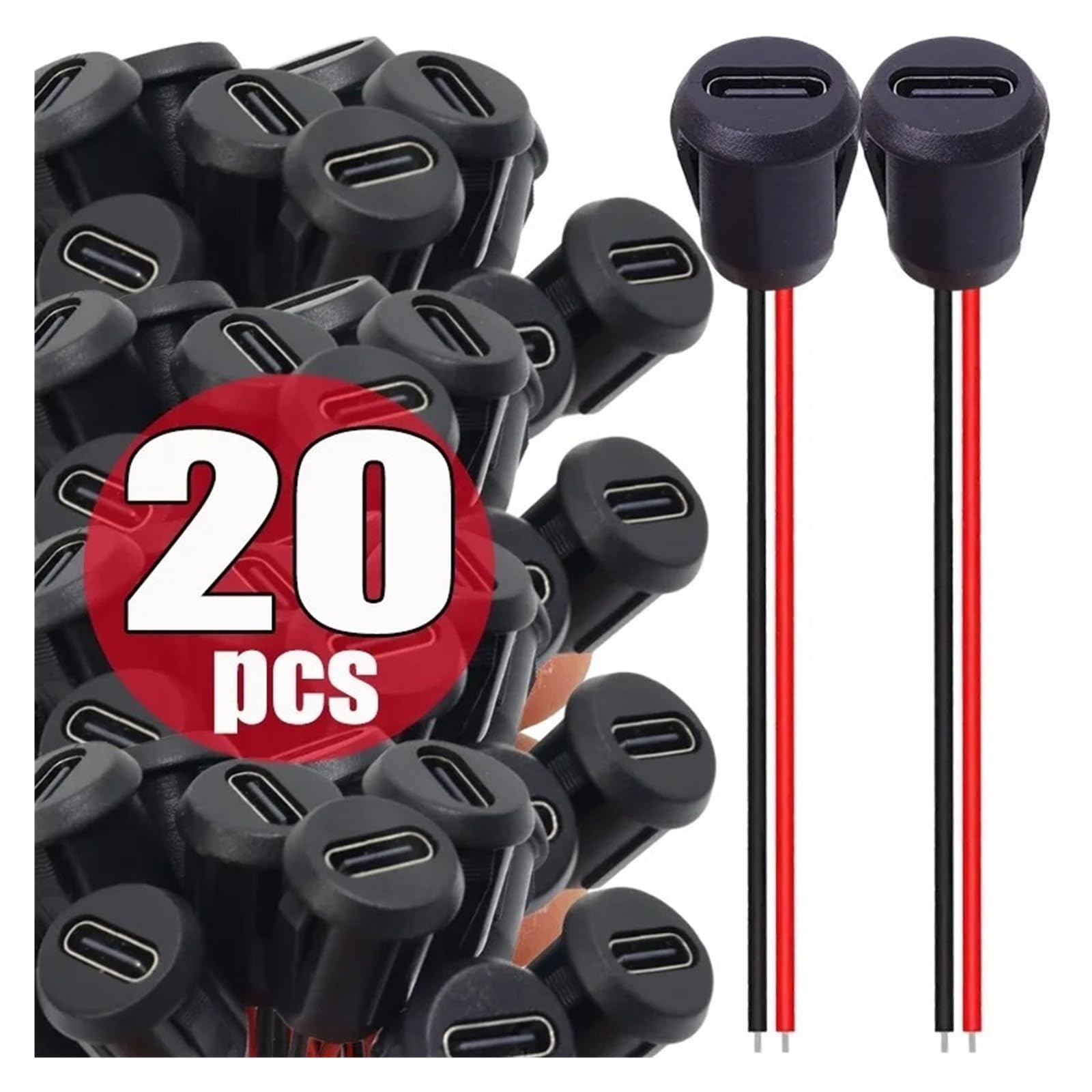 Złącze USB C żeńskie 2 piny, wodoodporne złącze do szybkiego ładowania (20 szt. czerwone)