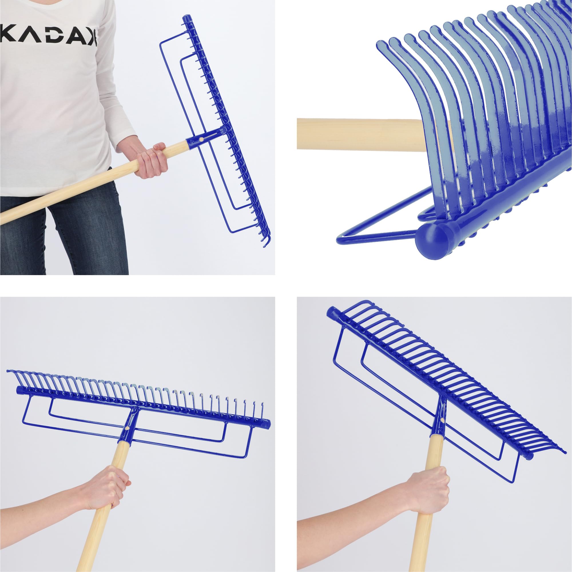 KADAX Rastrillo de metal, rastrillo ancho con cabeza reforzada, rastrillo de jardín con mango largo de madera, resistente herramienta de jardín (32 dientes, azul)
