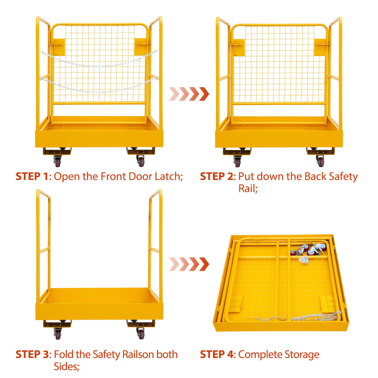 Garvee - Plataforma de seguridad plegable para carretilla elevadora, jaula de trabajo de acero, capacidad 1200 libras, 4 ruedas, cadena de puerta, 36 x 36 pulgadas