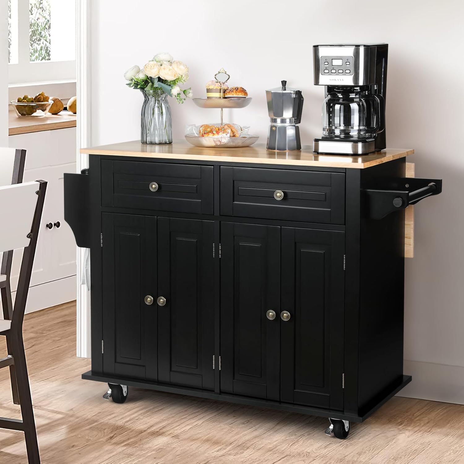 VOWNER 43" W Kitchen Island with Drop Leaf, Rolling Kitchen Island with Drawers, Portable Island Kitchen with Storage, Butcher Block Kitchen Cart with Spice Rack & Towel Rack (Black)