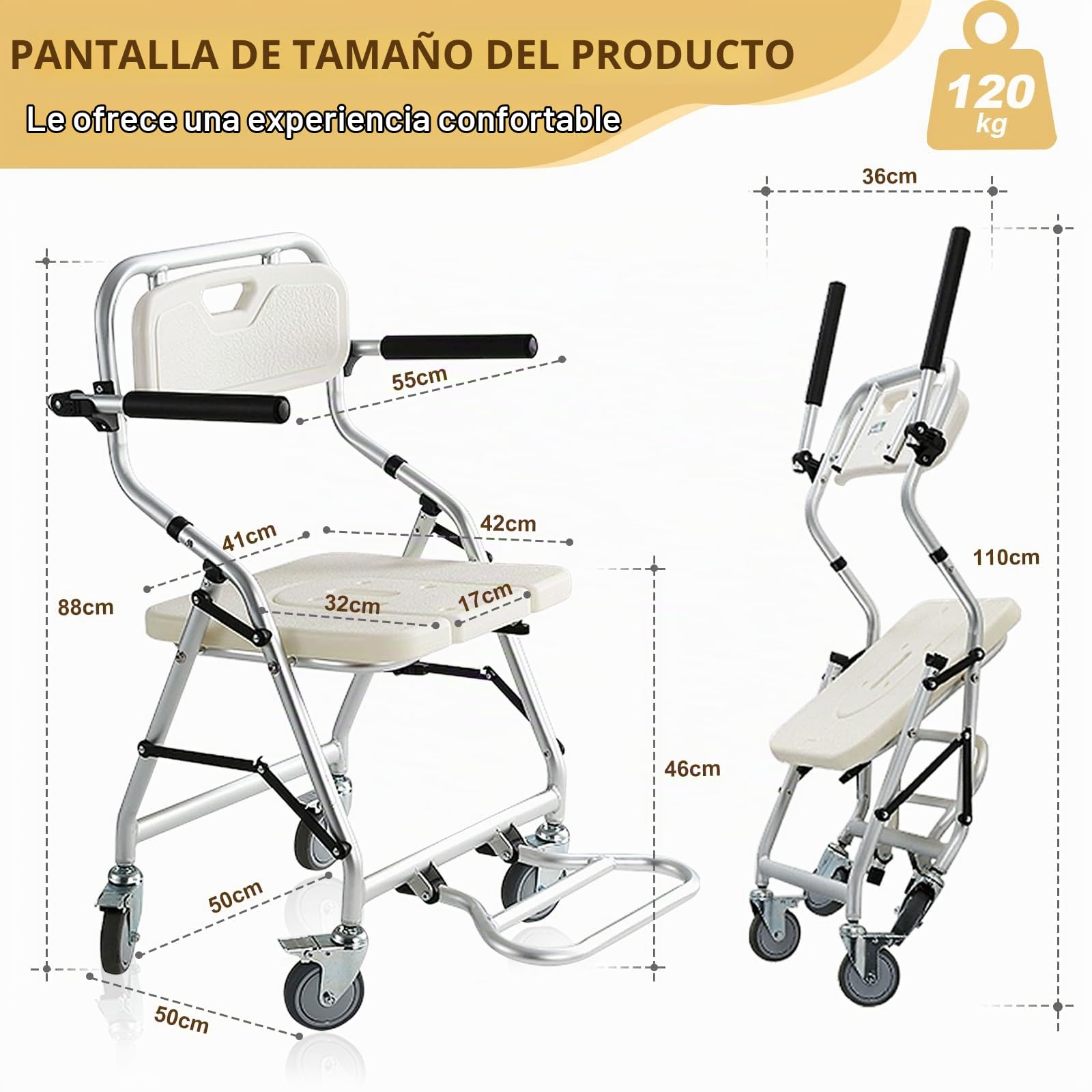 Silla de Ducha con Ruedas para Personas Mayores, Silla Plegable Ducha con Reposabrazos Reversibles, Silla con Ruedas para Ducha, Silla Baño Ancianos Ducha, Capacidad de Carga 120kg