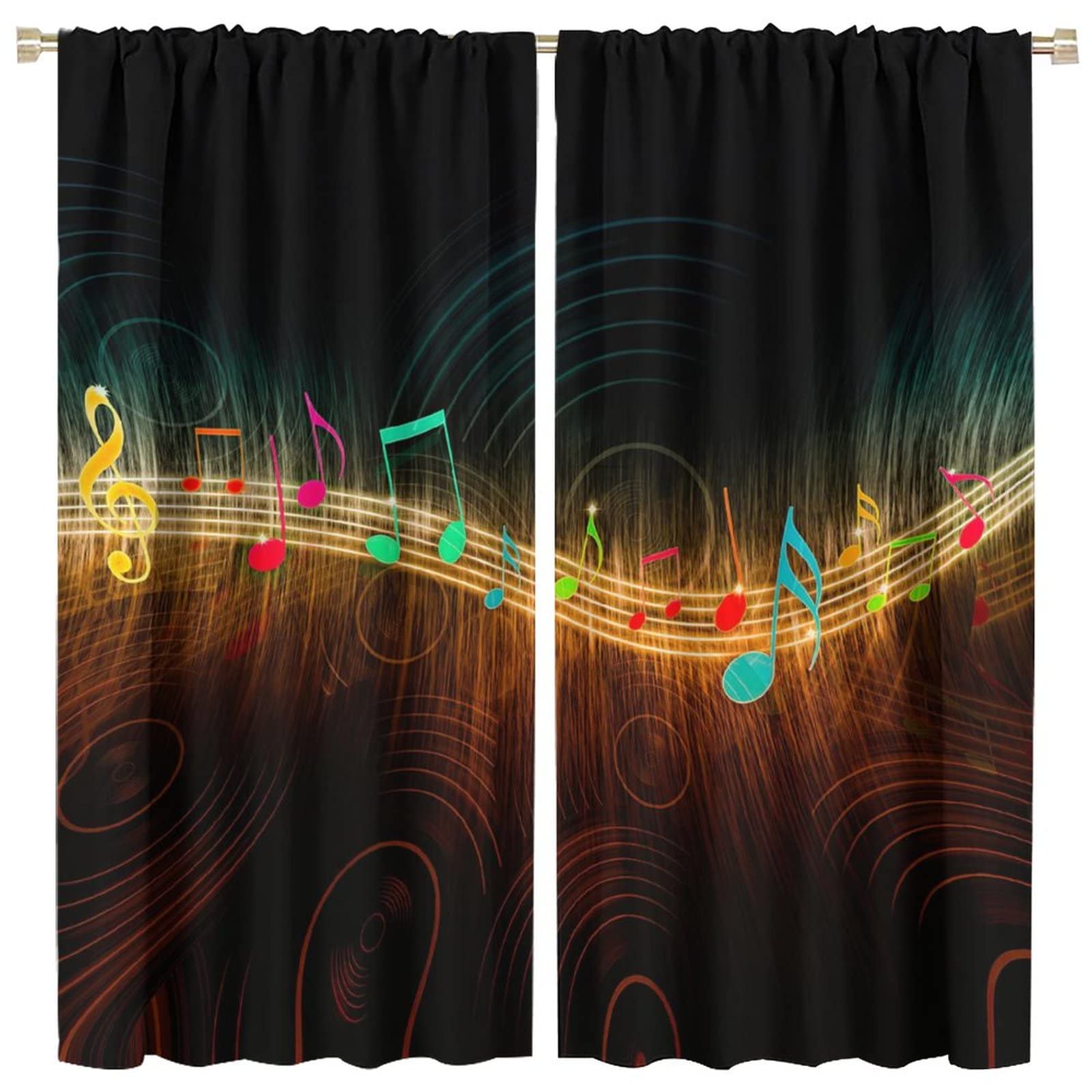 Music Note Curtains,Colorful Musical Background Blackout Rod Pocket Window Drapes for Living Room Bedroom Home Decor W42xL45in