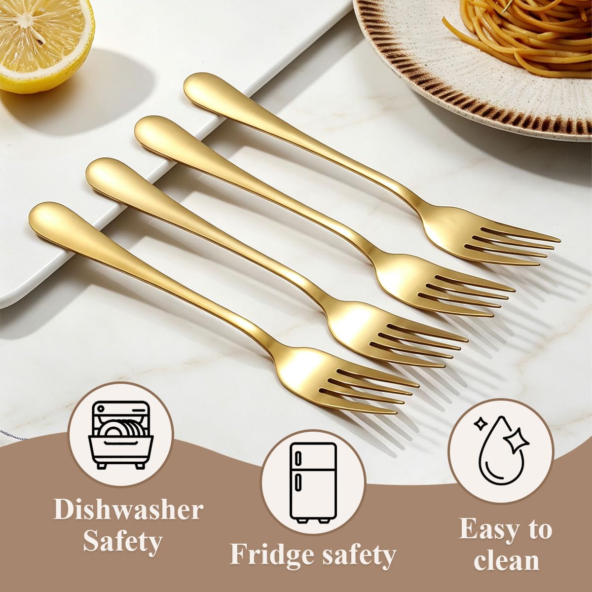 Berglander 12-Piece Gold Dinner Forks Set, 7.28" Titanium Gold Plated Stainless Steel Table Salad Forks for Home Restaurant Hotel Wedding Party, Dishwasher Safe — Amazon image 5