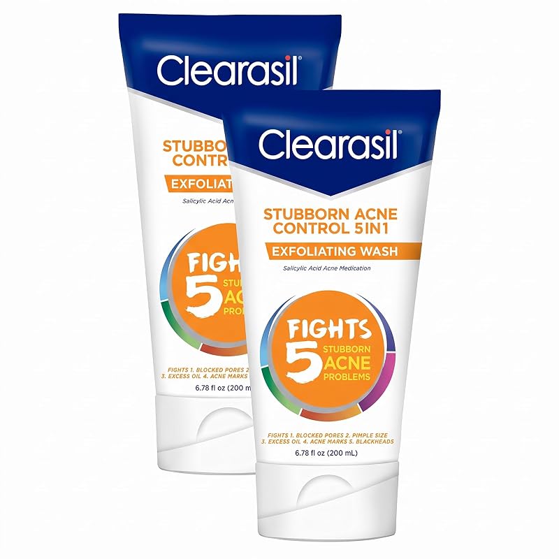 Clearasil Stubborn Acne Control 5in1 Esfoliante Facial com Ácido Salicílico 2%, Pacote com 2
