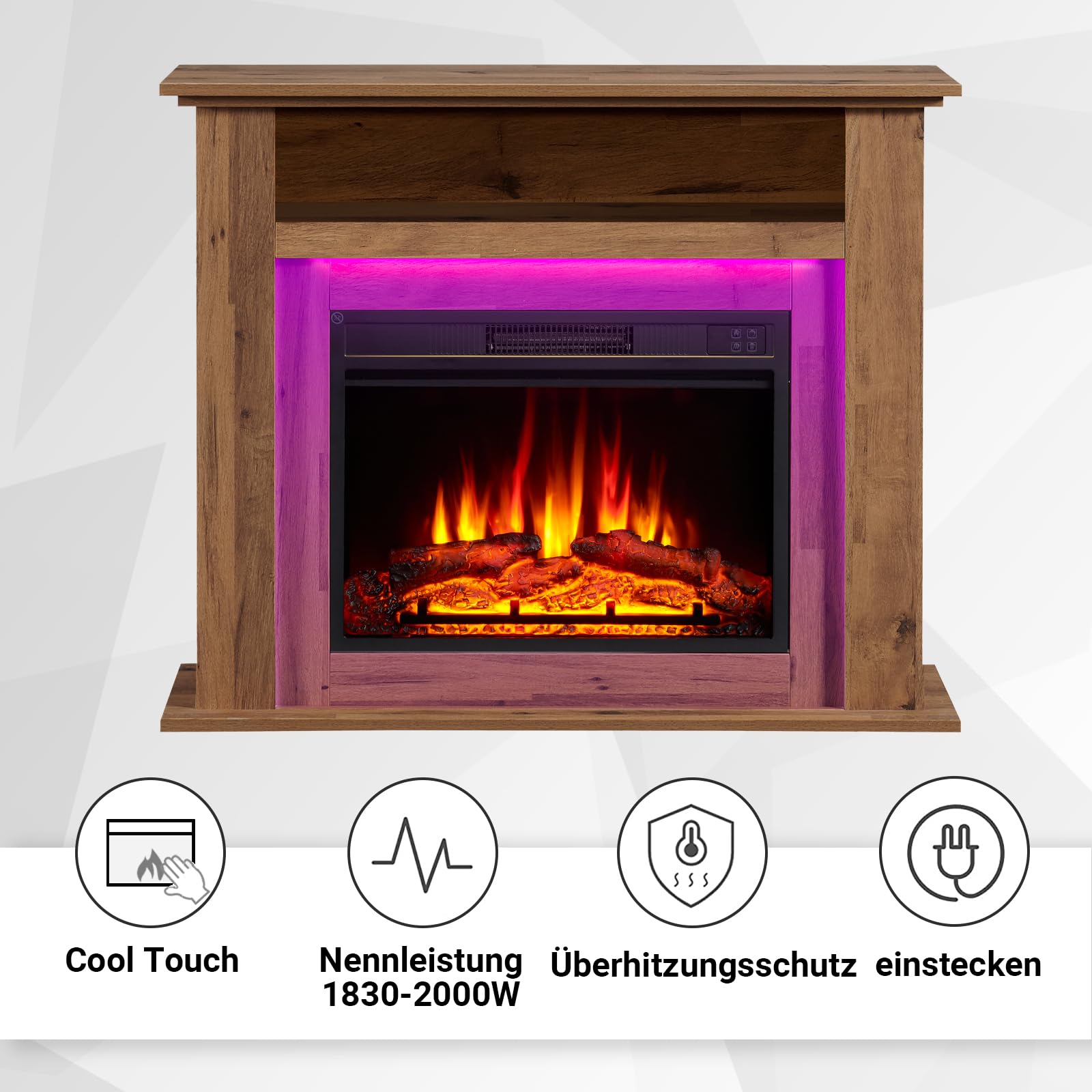 Camino elettrico BALDERIA Liora - Caminetto elettrico con vano portaoggetti, effetto fiamma 3D, illuminazione d'ambiente a LED, riscaldamento 2000W, timer, termostato, telecomando - rovere scuro