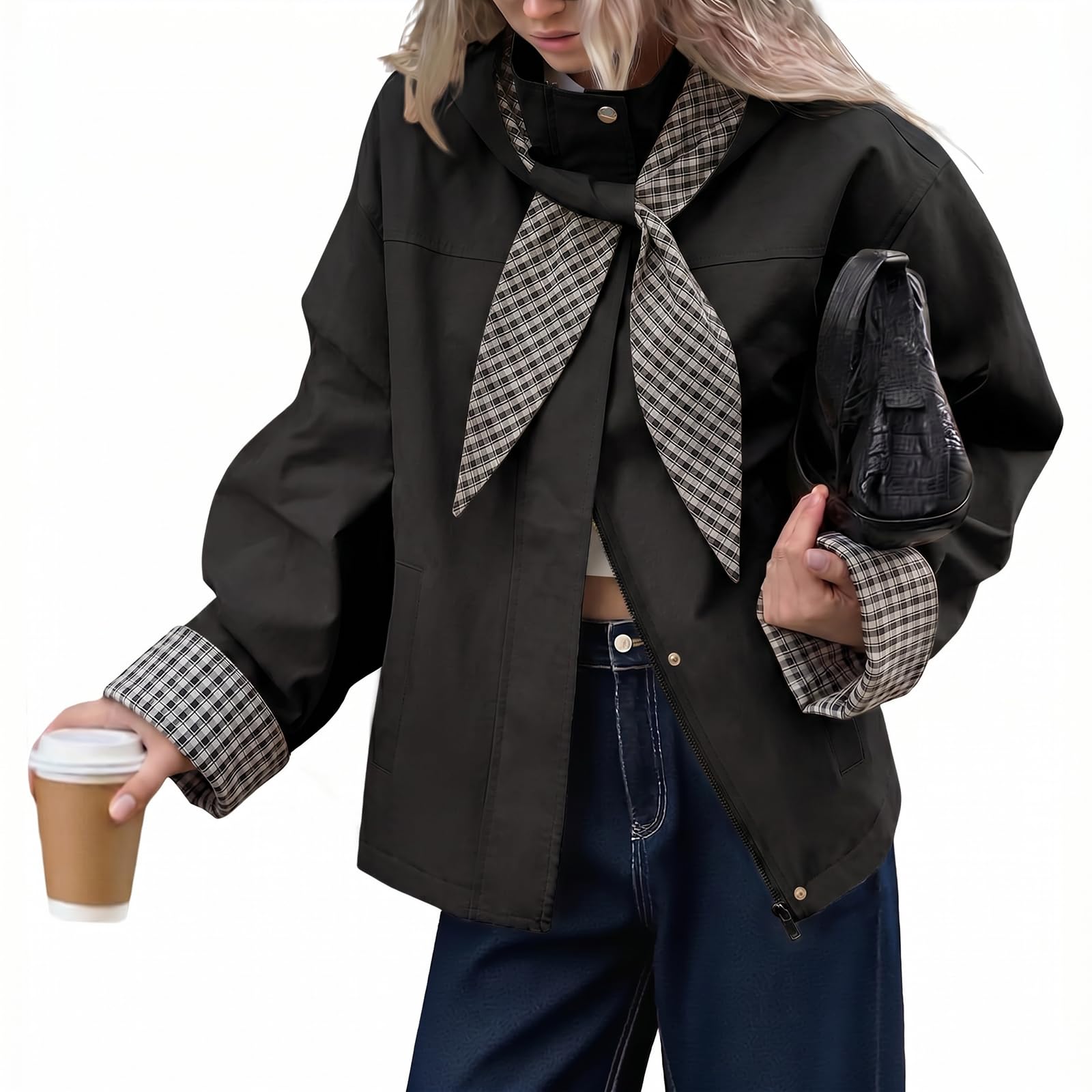 Tankaneo Cropped-Trenchcoat für Damen, Herbstjacke mit karierter