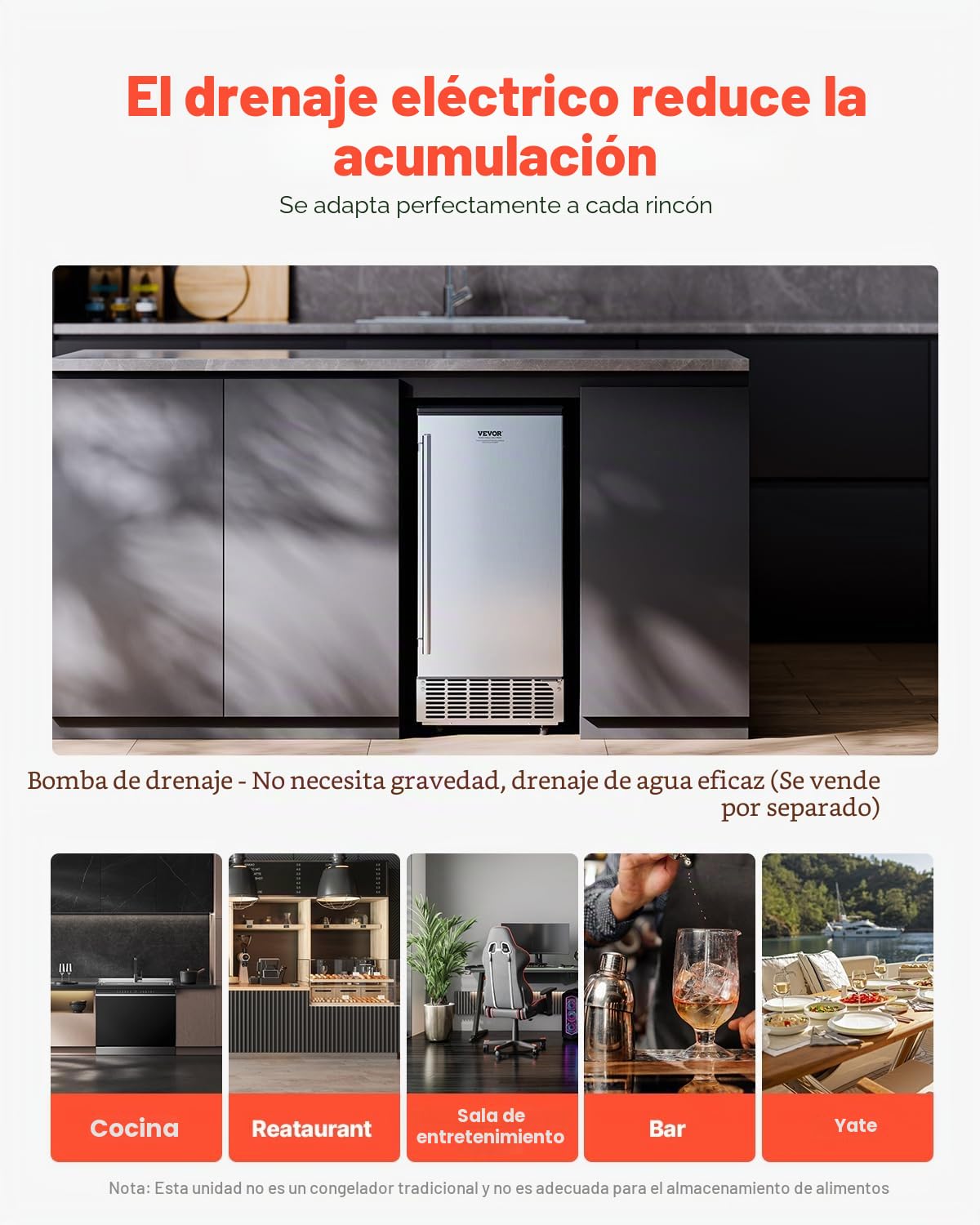 VEVOR Máquina para Fabricar Hielo Empotrada debajo del Mostrador, 36 kg/día, con Puerta Reversible de Acero Inoxidable, para Cocinas Comerciales y Domésticas, Drenaje Eléctrico, 380 x 485 x 855 mm