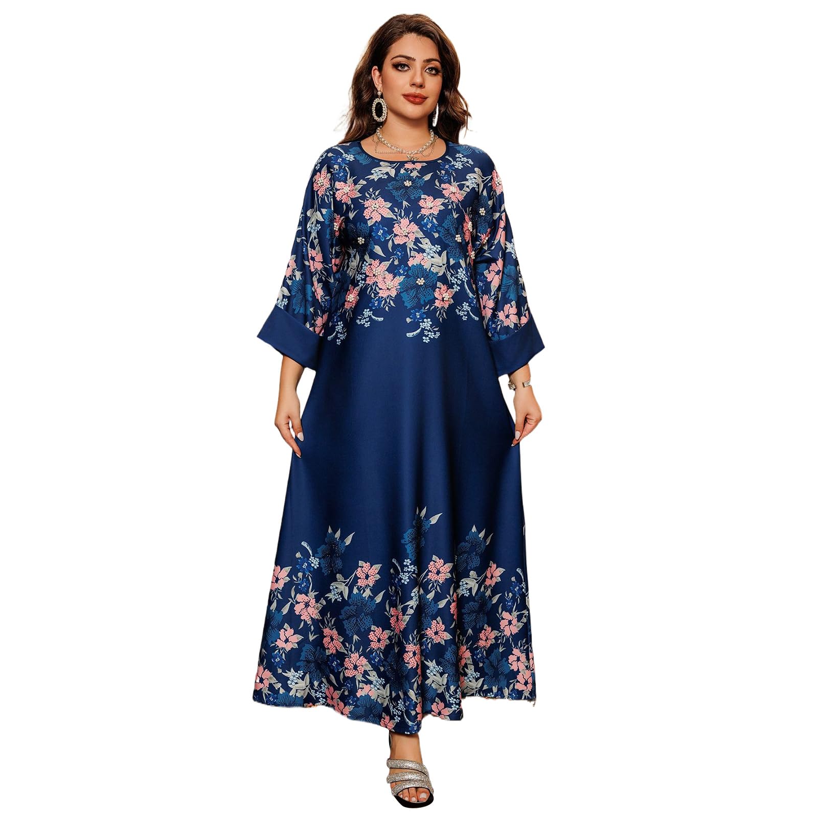 Vestido de caftán para mujer, vestido de túnica de Oriente Medio, estampado de flores, vestido de oriente Medio, vestido casual diario