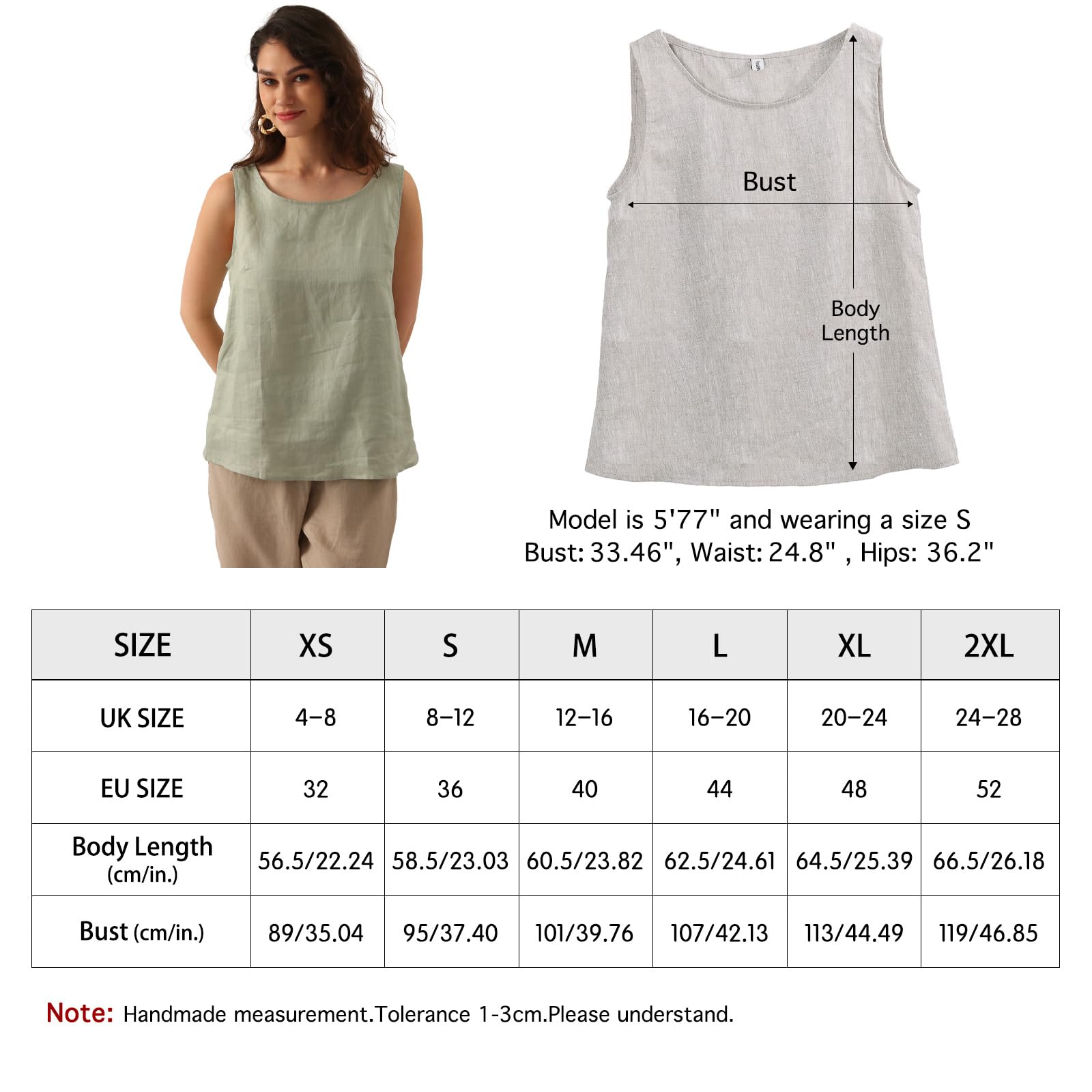 Amazhiyu Camiseta sin mangas de lino 100 % para mujer, blusa casual de verano con cuello redondo