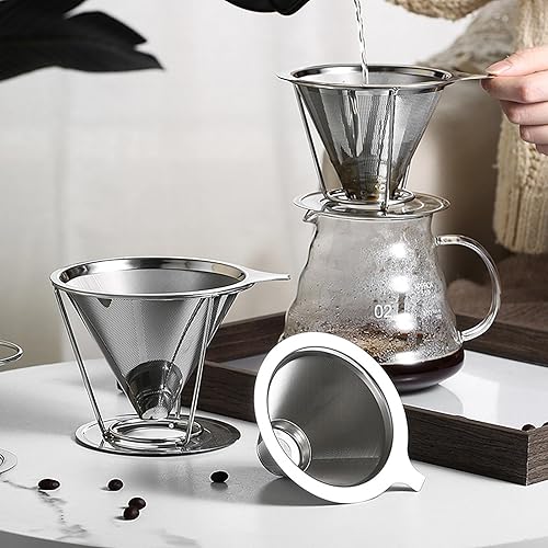Miniatura 3 de Gotero de café de acero inoxidable, doble capa reutilizable de goteo lento sin papel, filtro de café de una sola taza, embudo de colador de cono de