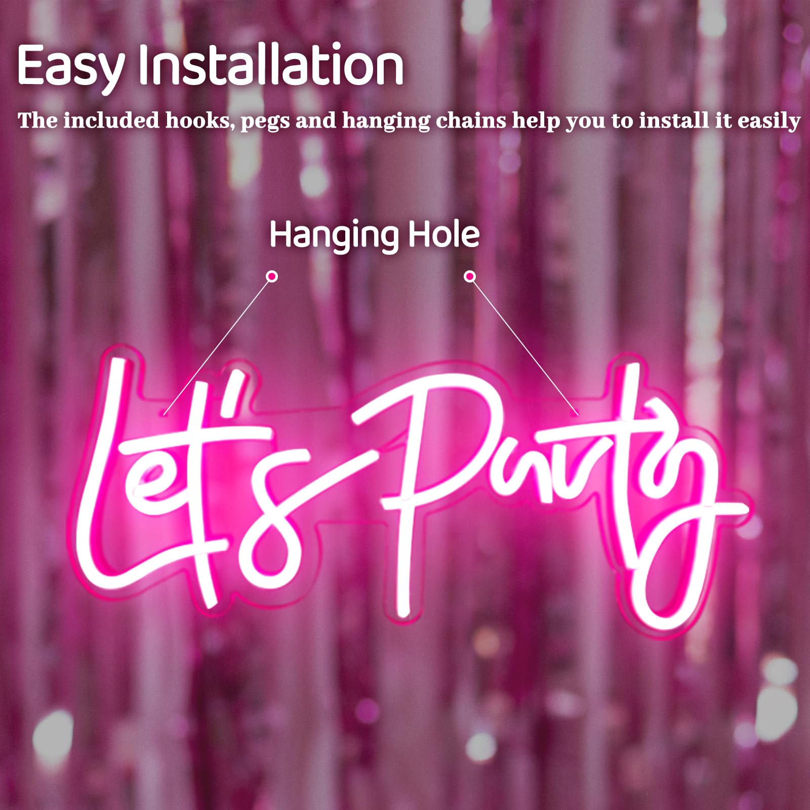 Let's Party Neon Sign, LED Neon Light Signs voor Wanddecoratie, Kunstdecoratie Letter Neon Light Sign voor Slaapkamer Decor, Verjaardagsfeest, Bruiloft, Valentijnsdag Gift (Let's Party-Roze), 40 x 17