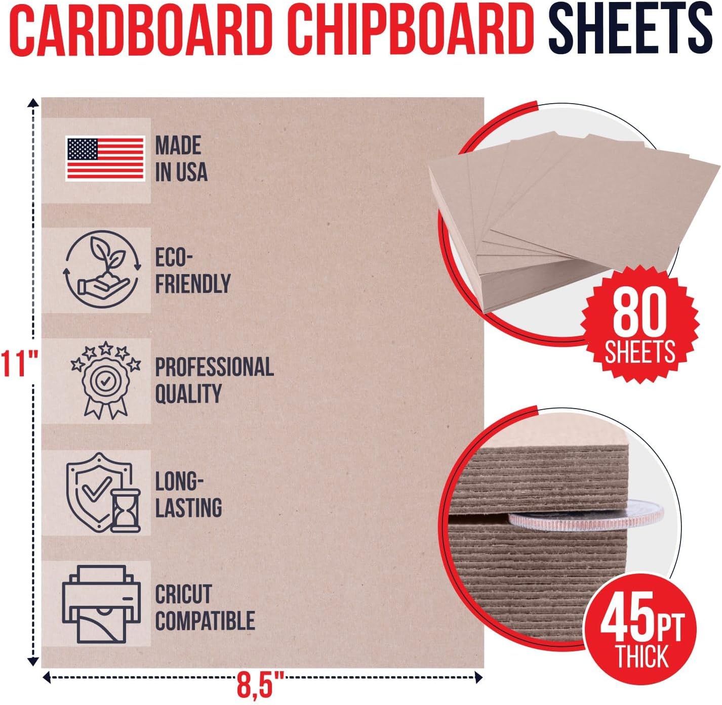 8.5" x 11", Brown Kraft Pasted Chipboard Sheets, 45 Pt – Made in USA Heavy-Duty Extra Thick Cardboard Chipboard (Bundle of 80), – Durable Chipboard for Picture Frame Backing, Book Covers