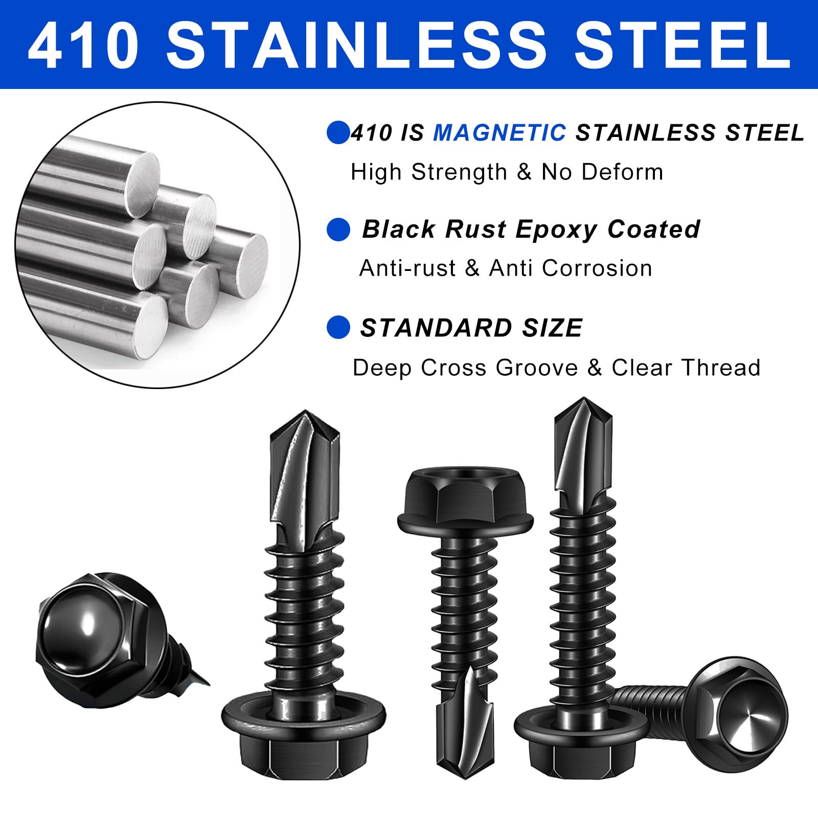 FandWay 100Pcs Self Tapping Screws for Steel,M4.2x25mm Self Drilling Screws for Metal,Hex Washer Head Tek Screw,410 Stainless Steel Sheet Metal Screw Black Coating Hex Drive for Alu Wood Plastic. - Image 3