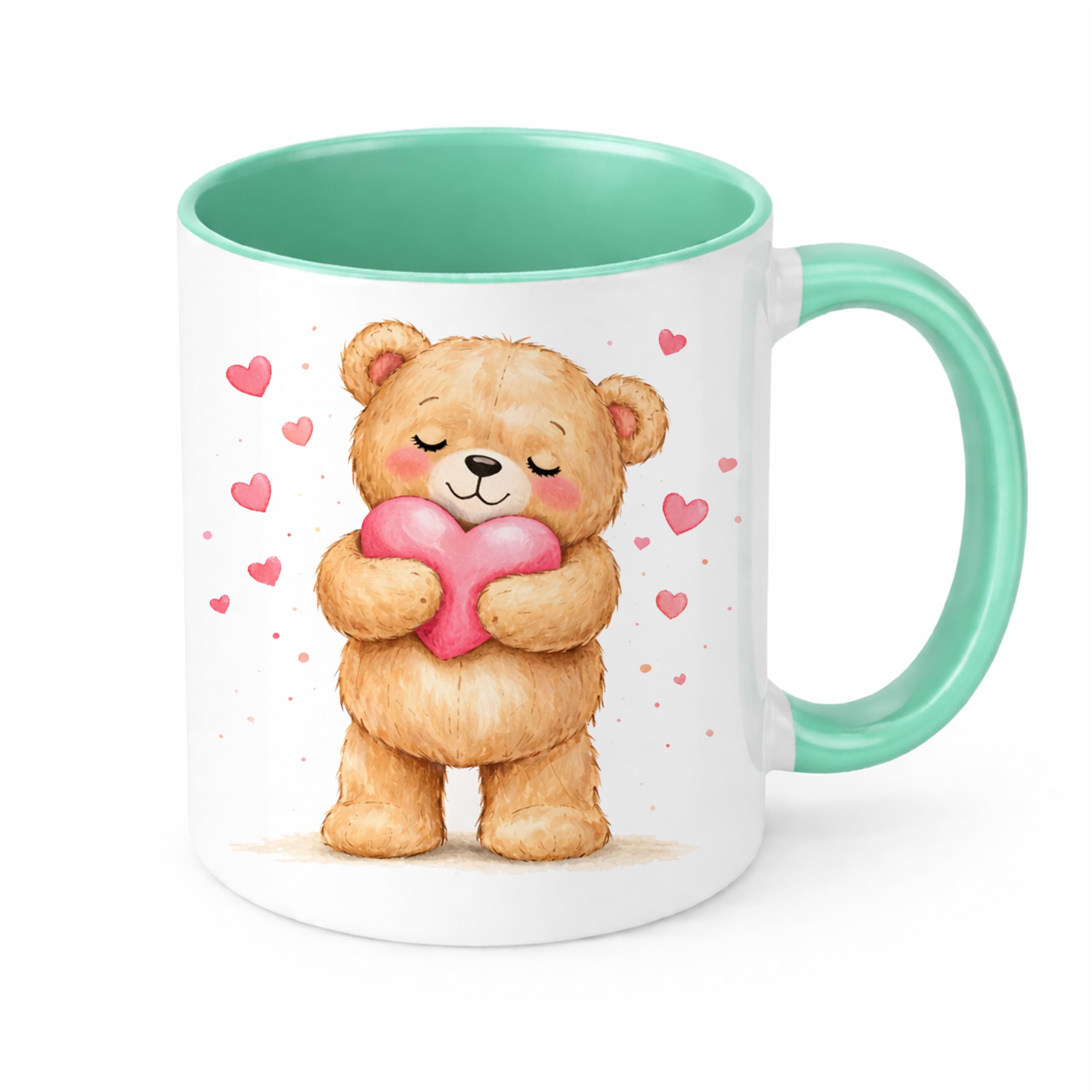 Brew Crew Gifts Love Heart Teddy Bear Mug, White Ceramic Coffee Mug with Watercolour Bear Design, Gift for Love and Friendship (Mint)
