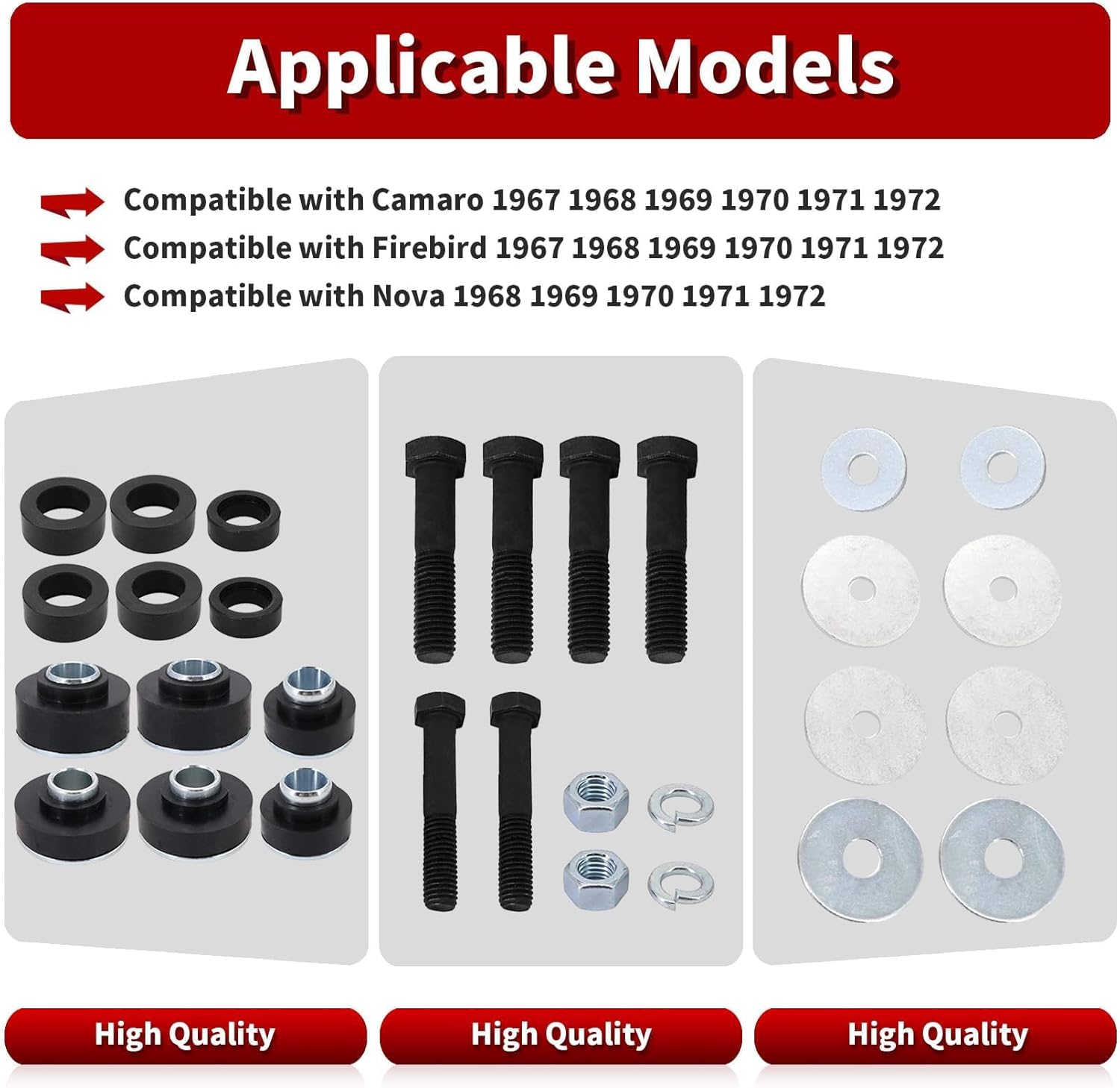 Subframe Body Mount Bushing Kit with Hardware Bushings Sub Frame Bolts Washers Compatible with Camaro 1967‑1972, Firebird 1967‑1972, Nova 1968‑1972
