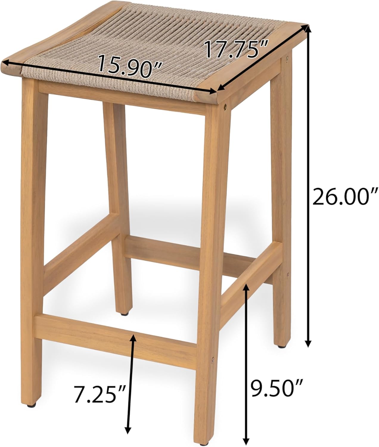 Christopher Knight Home Lily Set of 2 Patio Barstool, Acacia Wood & Woven Rope Outdoor Counter Stool with Footrest, Backless Wooden Barstool Chairs for Backyard Balcony Garden, Beige + Teak
