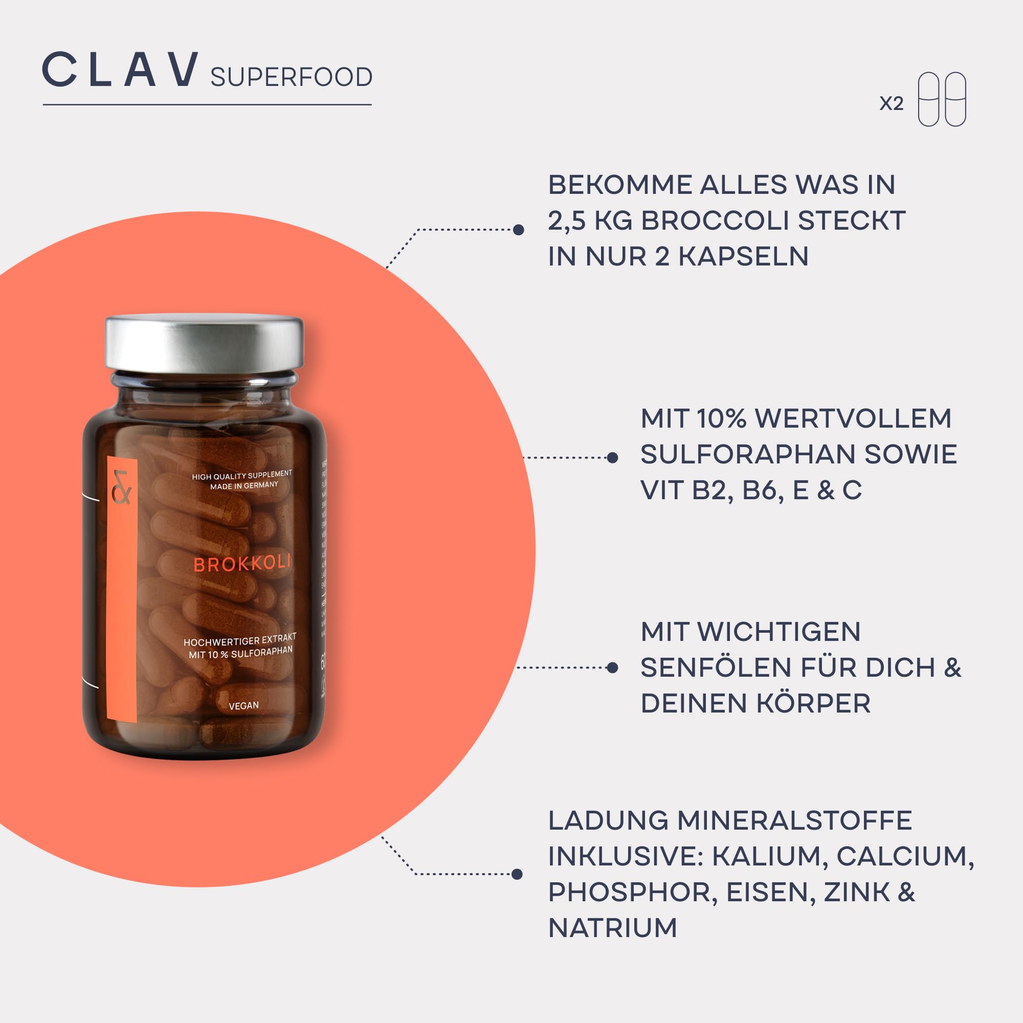 CLAV® Brokkoli Extrakt, Sulforaphan Hochdosiert, 180 Vegane Kapseln | Für Zellschutz, reich an Antioxidantien, Vitaminen & Mineralstoffen, aus Brokkolisprossen, Laborgeprüft, im Apothekerglas
