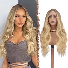 FESHFEN Lace Front Wig Natural Hair Long Wavy Synthetic HD Lace Hair Wigs for Women, Ombre Brown Blonde 70cm