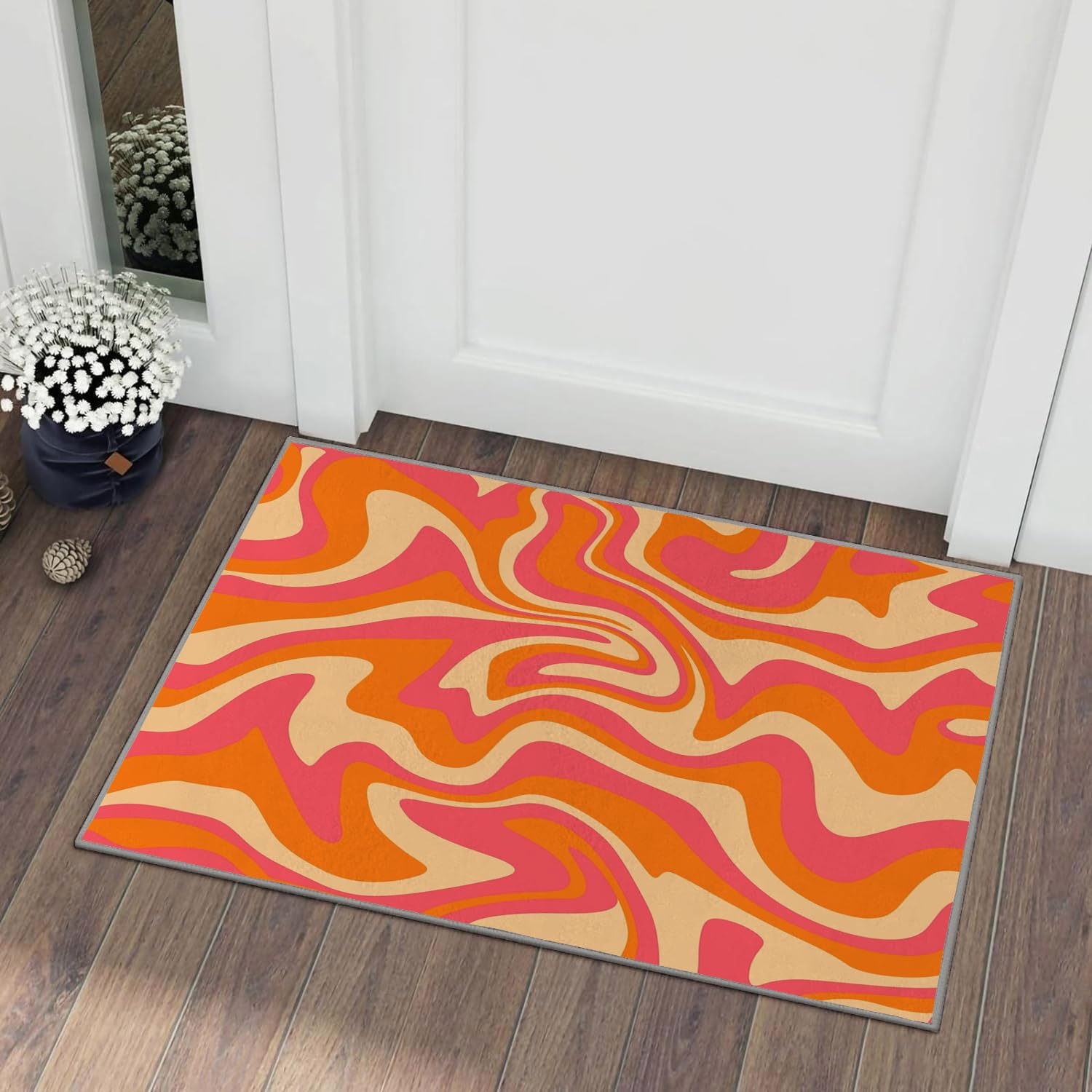 HUXJOKO Area Rug Retro Orange and Pink Funky Swirl Home Decor Non-Slip Rugs Machine Washable Doormat Carpet Mat for Living Room Bedroom Kitchen