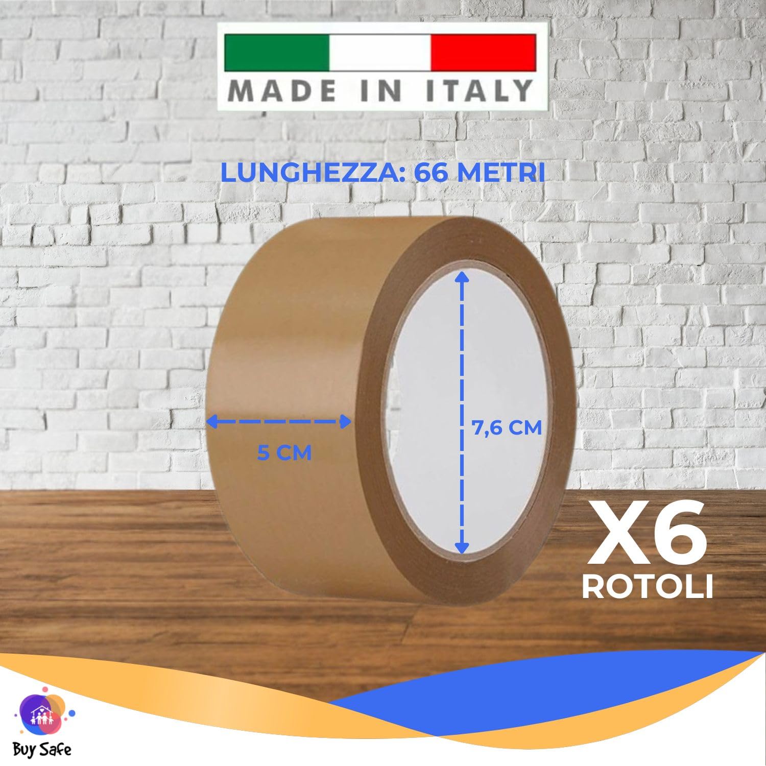 Buy Safe - Nastro Adesivo Pacchi Marrone per Imballaggio, Aderenza Immediata e Duratura, Nastro Imballaggio Resistente e Silenzioso per Spedizioni e Trasloco, Confezione da 6 Rotoli, 50mm x 66m