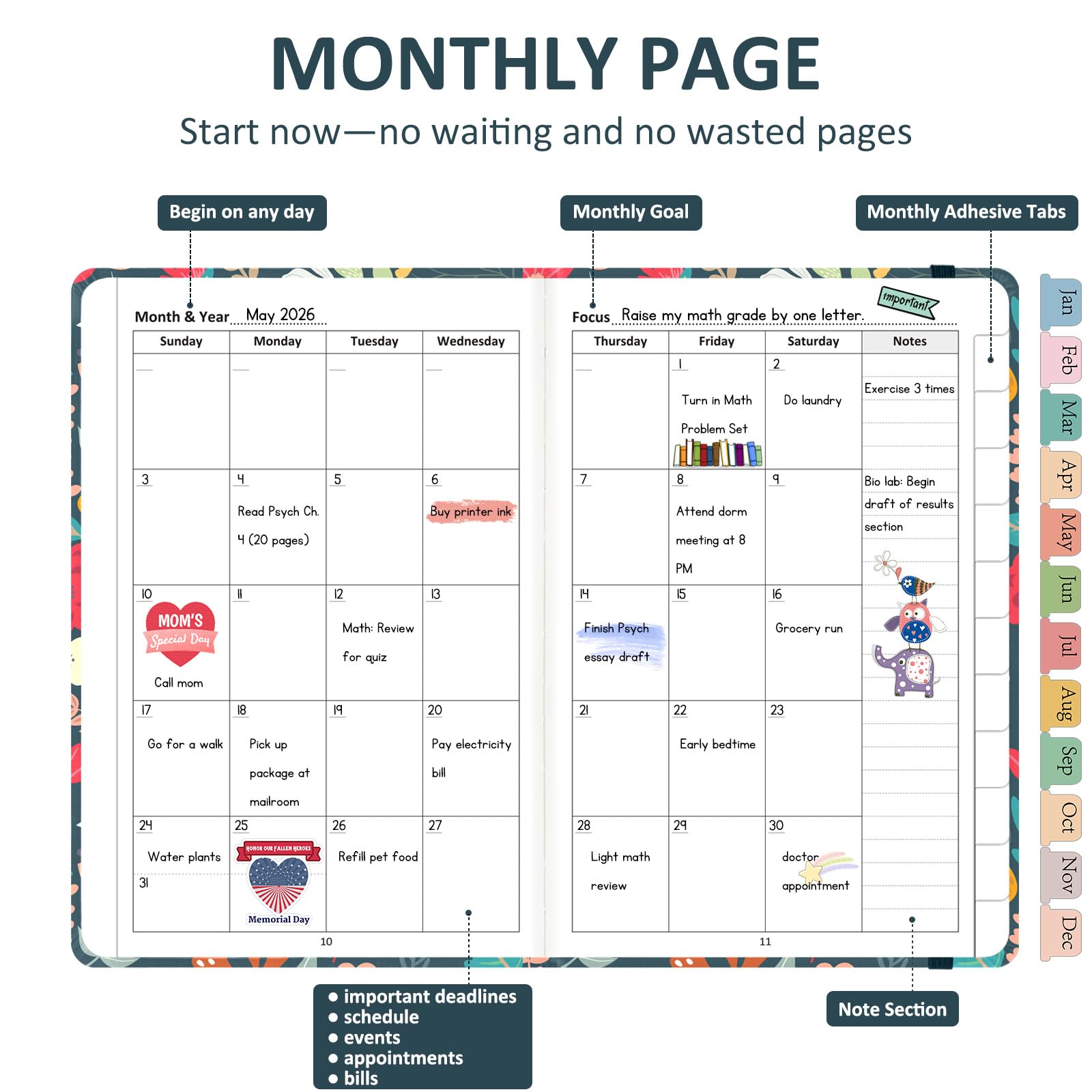 Comkiso Agenda settimanale e mensile non datata, con linguette adesive, A5, planner accademico senza data, per donne e uomini, pianificazione giornaliera, copertina rigida, in pelle, tutto in uno, per