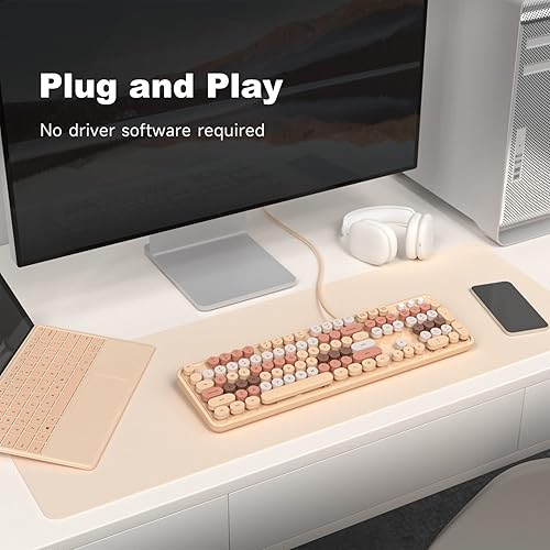 Miniatura 3 de Teclado de computadora con cable, teclado USB retro redondo para máquina de escribir, teclado con cable de tamaño completo con soportes plegables