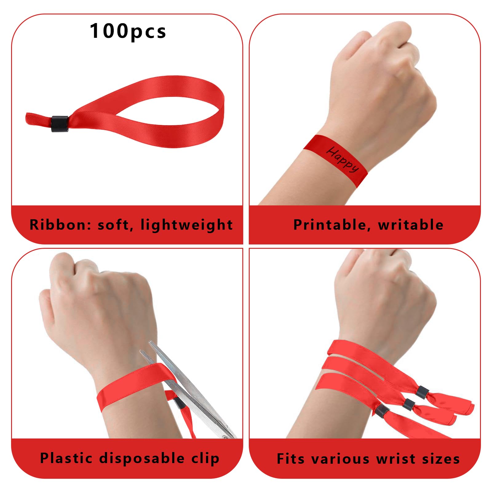 100 Pcs Disposable Event Wristbands Adjustable Satin Wrist Band for Training Meetings Concert Club Quick Release (100, Red, One Size) - Image 4