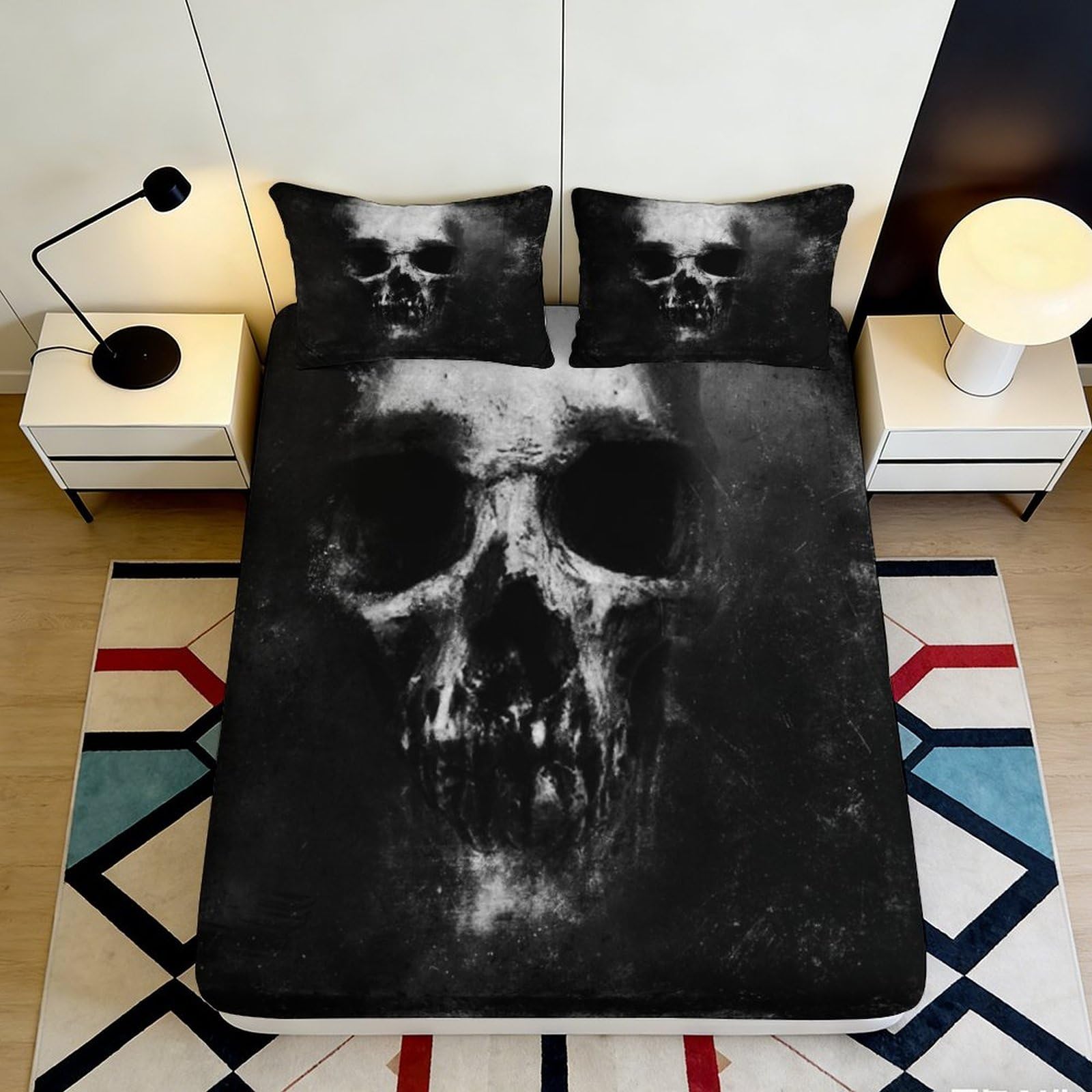 3D Printed Skull Pattern Fitted Sheet Microfiber Black Gothic Skeleton Bed Cover for Bedroom Dorm Mattress Protection 120x200x25cm