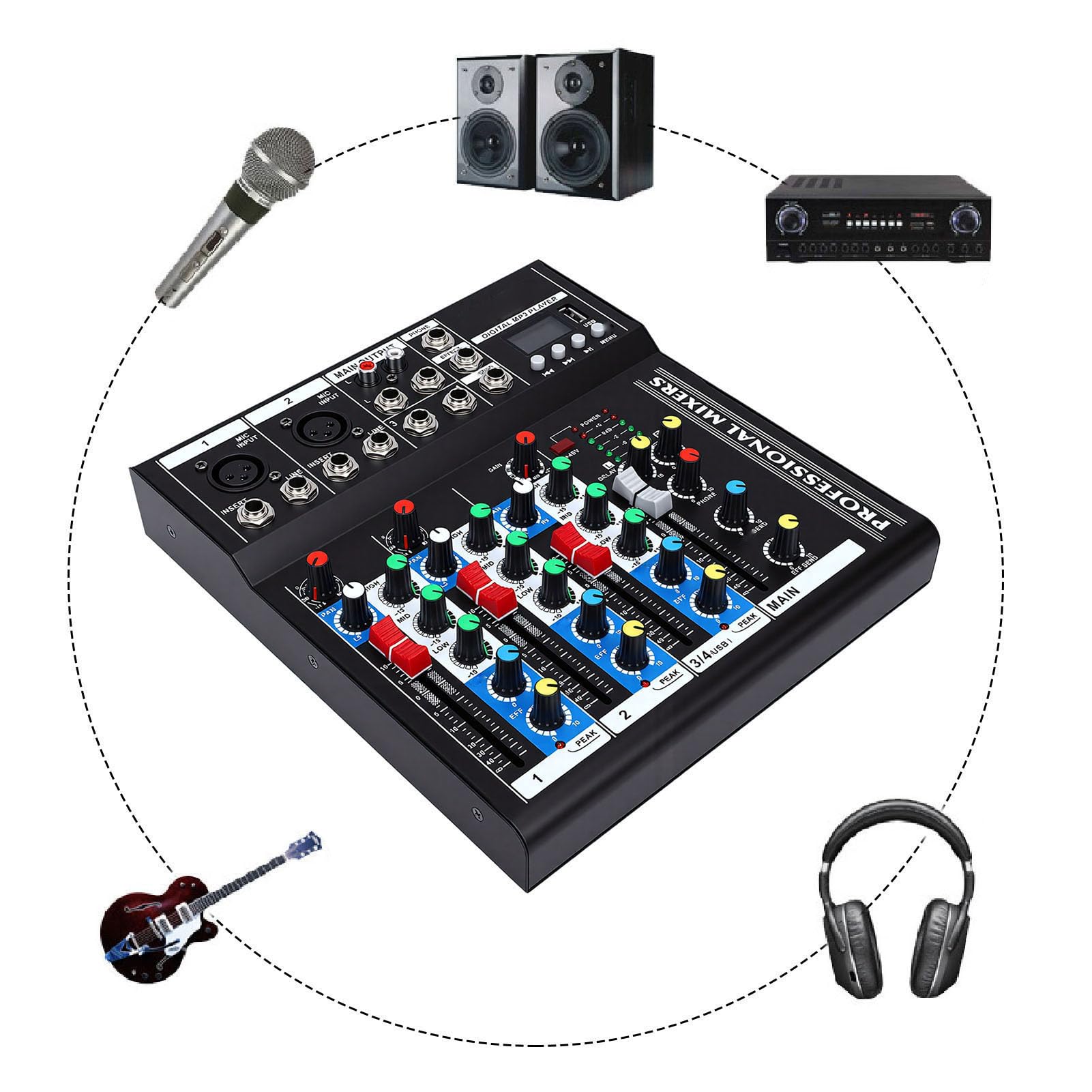 Dilwe Mikser Audio, Przenośny 4-kanałowy Mikser Audio, Kontroler DJ-ski do Nagrywania w Studiu PC i Karaoke