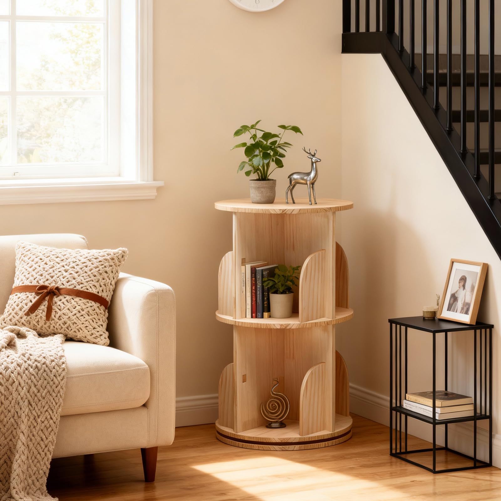Bibliothèque rotative à 2 étages en bois massif - Étagère debout à 360° - Étagère à livres multifonctionnelle - Étagère de rangement pour enfants et adultes - Diamètre 39 cm - Hauteur 67 cm