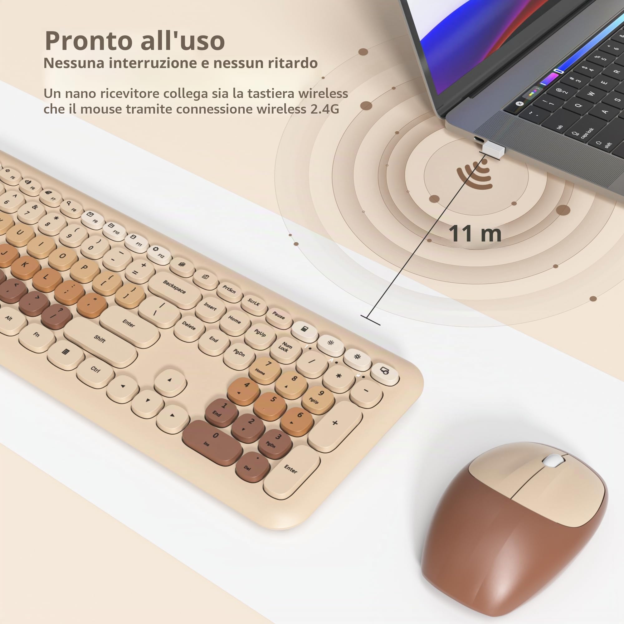 SOLIDEE Combo Tastiera e Mouse Wireless Colorato,tastiera per macchina da scrivere retrò 2.4GHz,104 Tasti con Tastierino Numerico,Tastiera a Membrana Silenziosa(Americana QWERTY)(Coffee)