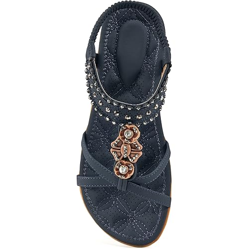 Alicegana Womens Sandals Shoes Comfort Walking with Non Slip on Casual Summer Beach Shoes Dress Ankle Elastic Jeweled Bohemian Flats
