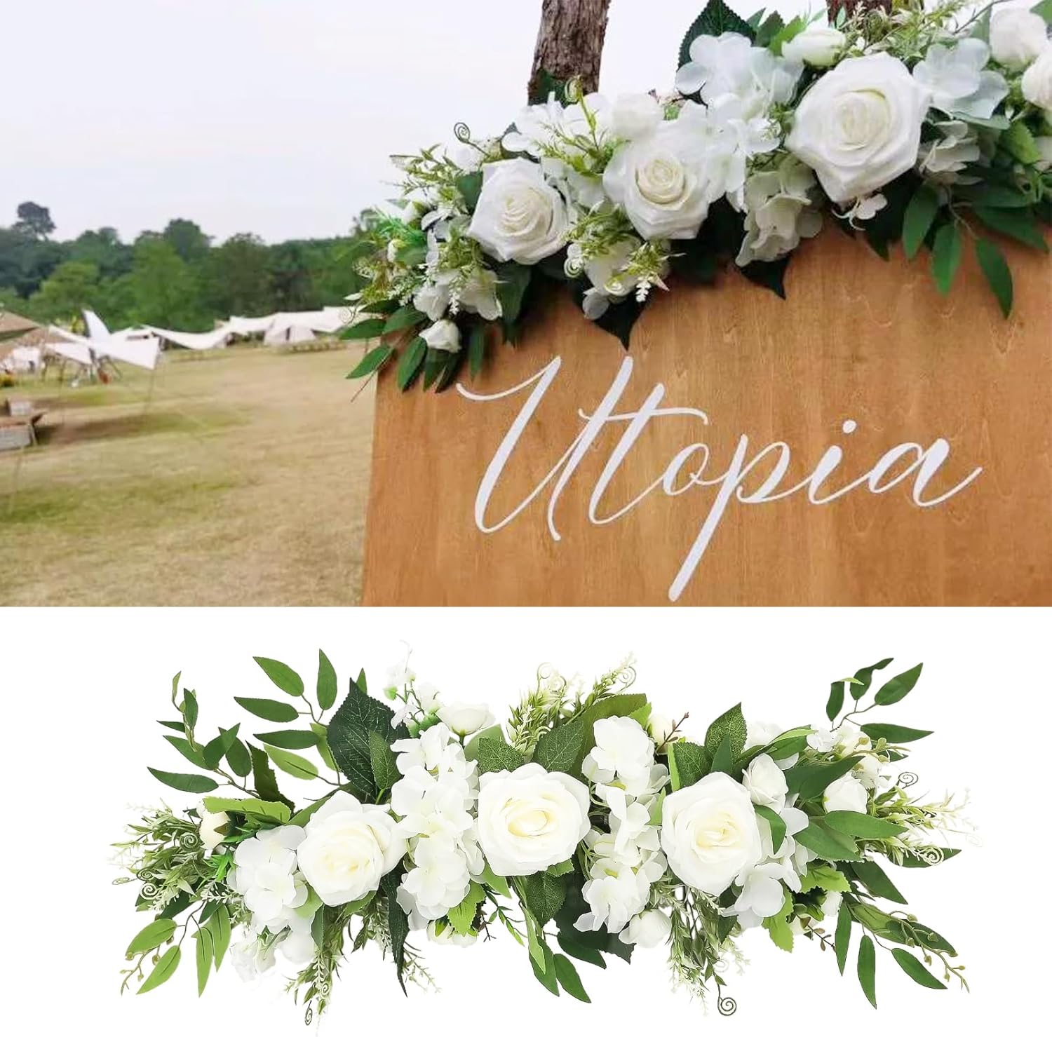 Wnvivi Artificial Flower Swag, 25.6 Inch Silk Rose Hydrangea Swag Arch Garland Front Door Decorative Floral Swags Lintel Floral Decoration for Wedding Ceremony Table Centerpiece (White)