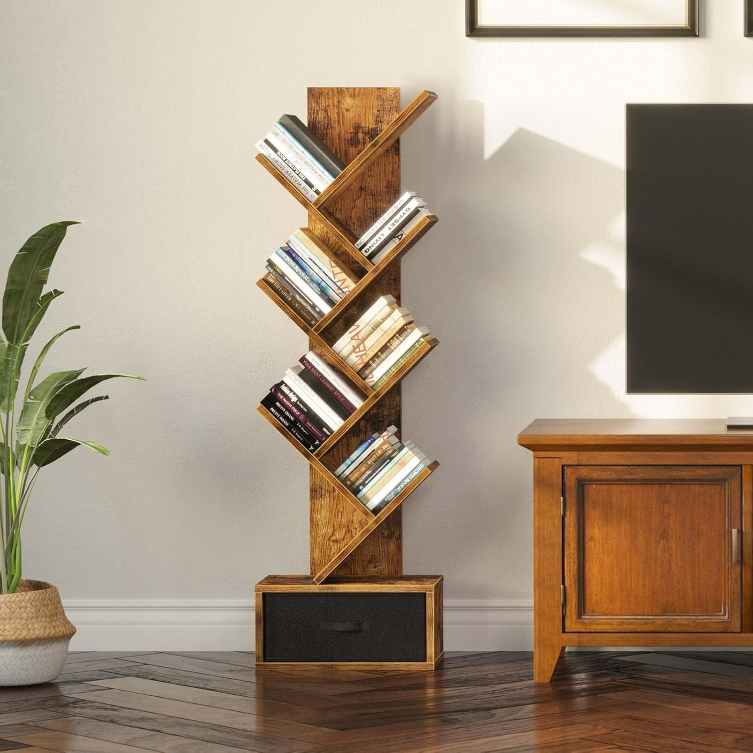 THE HOME HEAVEN INTERIOR Solid Wood Book Shelf | Wooden Tree Shape Bookshelf | with Open 7 Shelf & One Drawer Storage | Tall Display Unit | Natural (Natural, 1 Drawer)-image-39