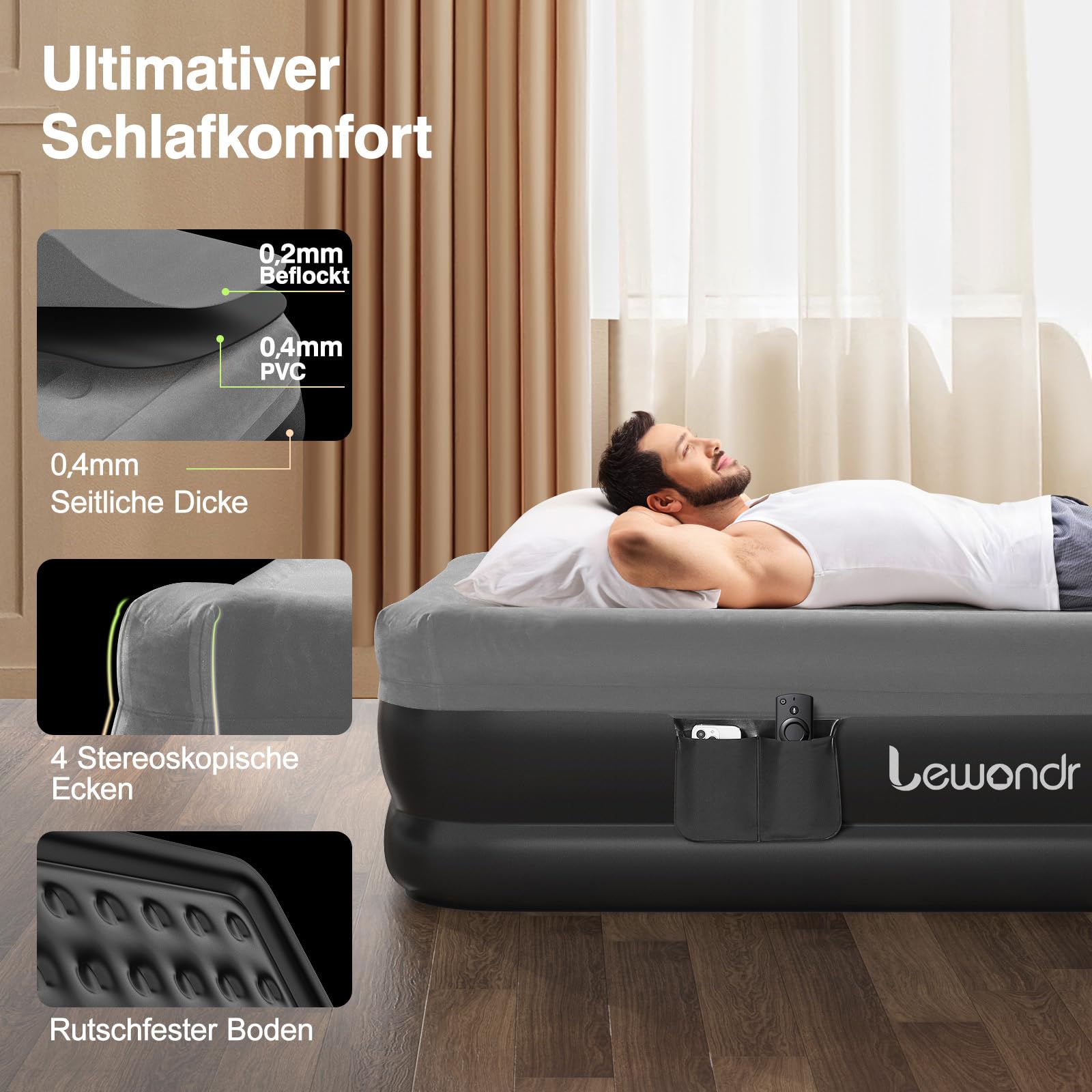 Lewondr Luftbett 2 Personen mit Eingebauter Pumpe 203x152x46CM Komfort Aufblasbare Matratze 3 Min Selbstaufblasend Camping Haus Gäste Reisen 300kg Grau