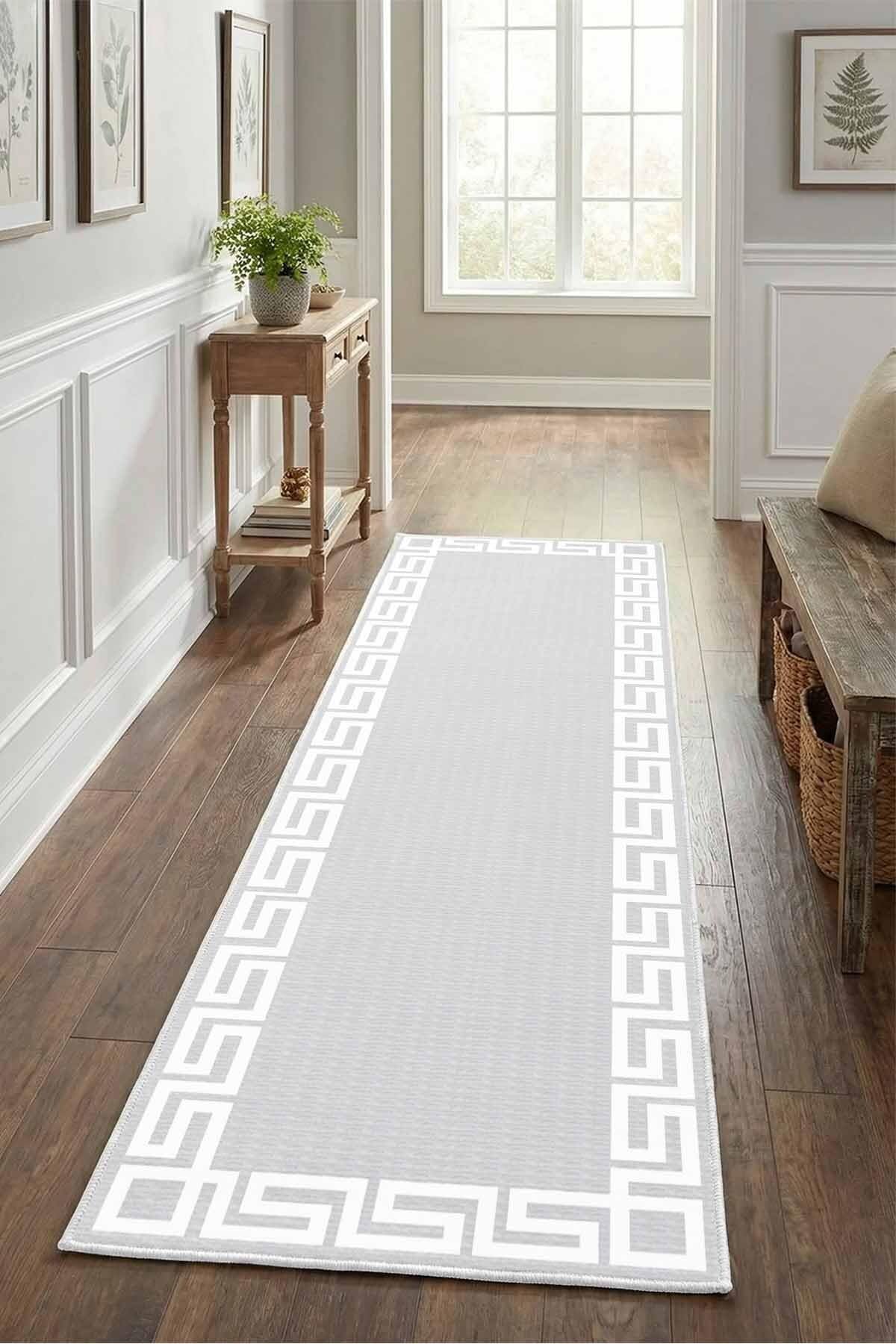 Monnhein Beyaz Gri Yolluk Versus-4 - Yıkanabilir, Kaymaz Taban, Dijital Baskılı, Leke Tutmaz, İnce Hav, Modern Koridor, Mutfak, Antre ve Salon için Dekoratif Yolluk