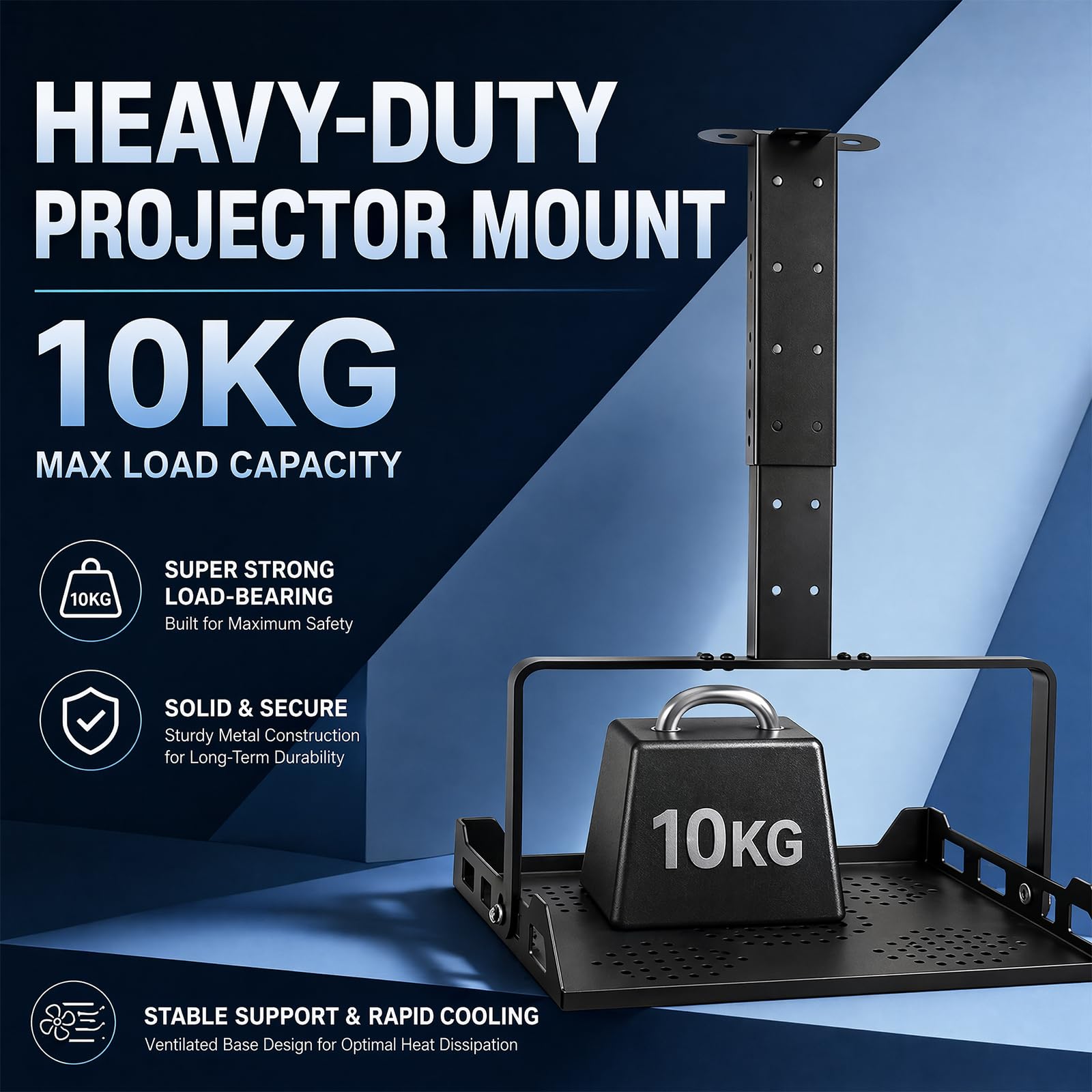 Support de Plafond Vidéoprojecteur Télescopique Réglable 30 à 56cm Noir, Support Universel Charge Max 10kg avec Etagère Ventilée et Guide-Câble Intégré pour Home Cinéma Bureau