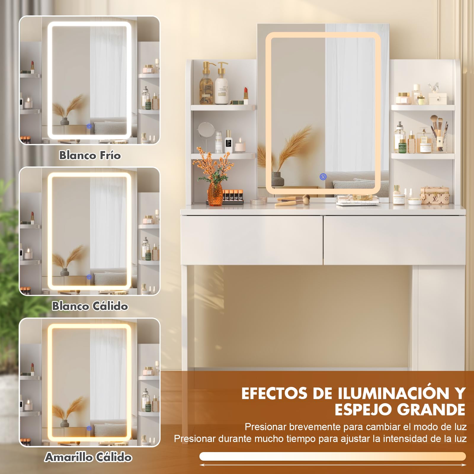 Devoko Tocador de Maquillaje con Luces LED, Brillo Ajustable, Mesa de Maquillaje con Espejo, con 2 Cajones Grandes y 4 Estantes Abiertos y Taquilla Lateral, 90 x 40 x 135 cm, Blanco
