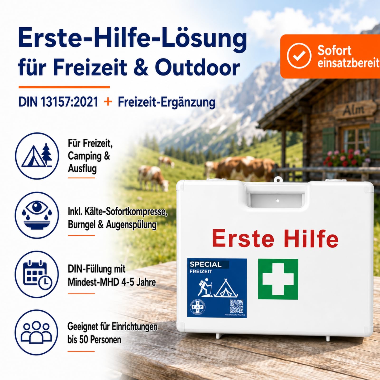 FAP Erste-Hilfe-Koffer Freizeit DIN 13157 gefüllt - Weiß | Burngel & Beatmungstuch | Camping Jugendherberge Pfadfinder Ferienlager Verein Outdoor Camp, Betriebsverbandkasten Wandhalterung -33×42×15 cm