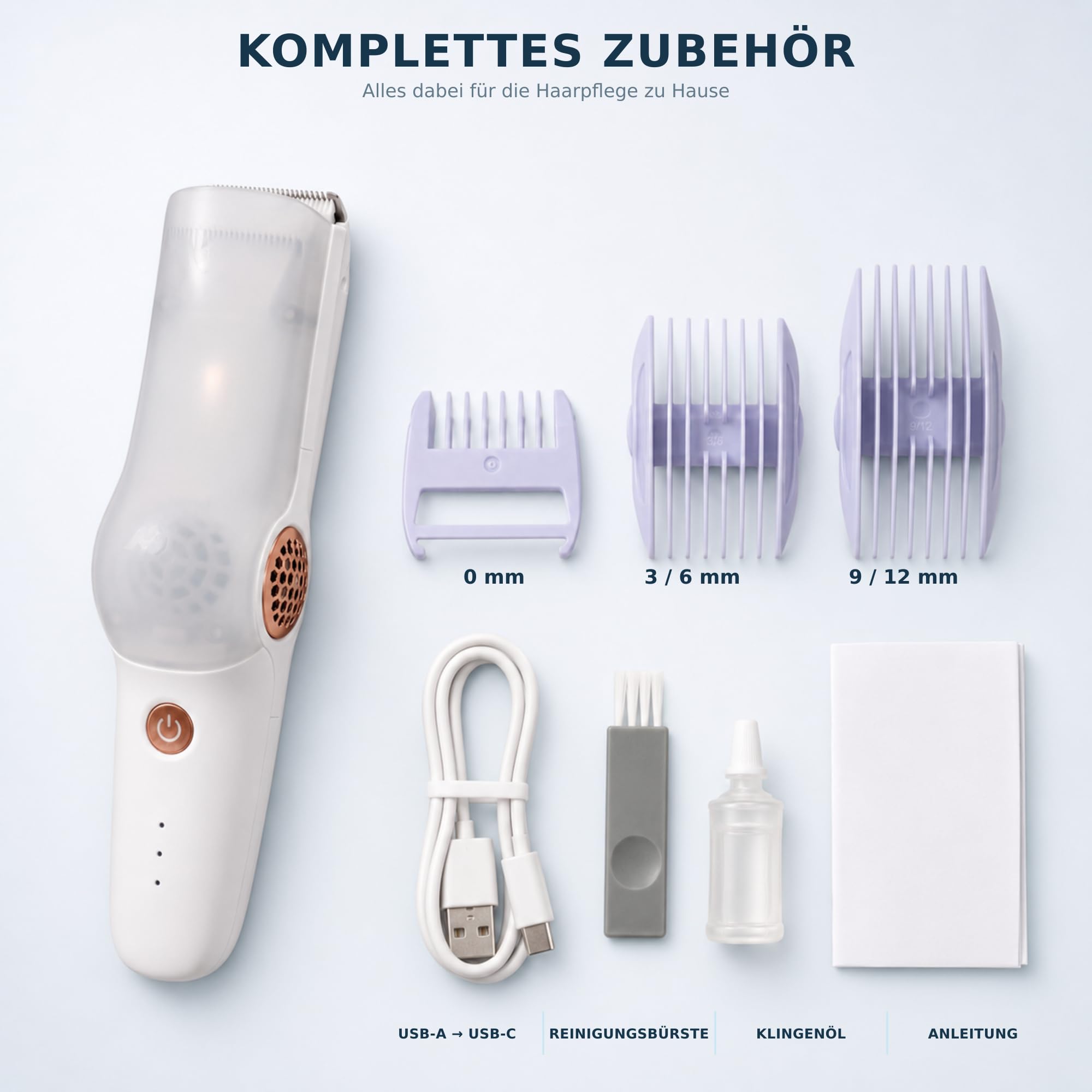 HOME Baby Haarschneider mit Absaugfunktion, Leise Kinder Haarschneidemaschine IPX7 Wasserdicht, 3 Geschwindigkeiten, Keramikklinge mit Abgerundeten Kanten, USB-C, 3 Führungskämme