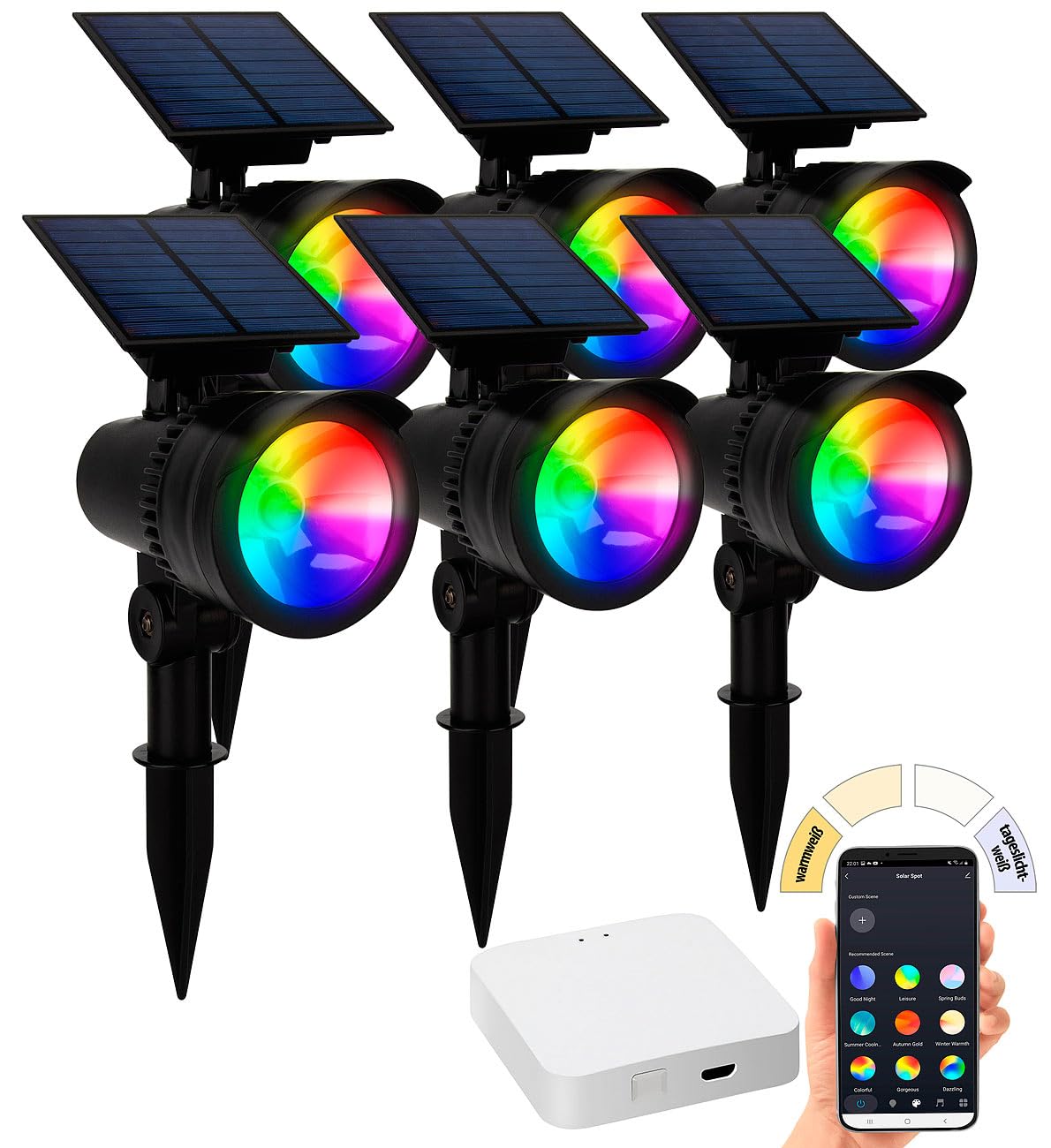 Lunartec LED Solar Erdspieß: 6er-Set RGB-CCT-LED-Spots mit Gateway, 50 lm, 1 W, IP44 (Solarstrahler mit Bluetooth, LED Solar Gartenspot, Gartenleuchte Standleuchte)
