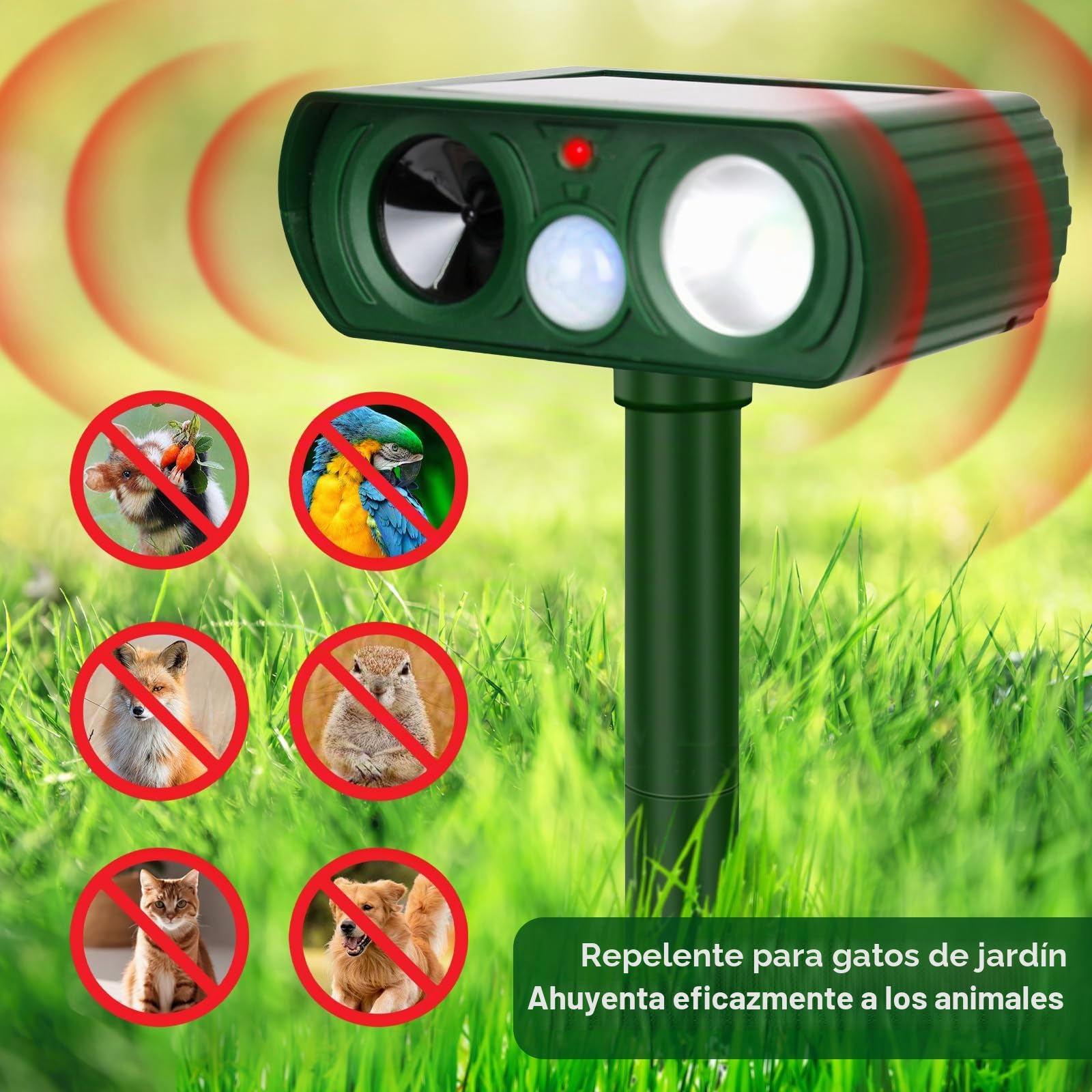 Repelente de gatos para jardines, repelente de animales solar ultrasónico, repelente ultrasónico para gatos de solución rápida con estaca en el suelo/sensor de movimiento PIR, repelente para perros y