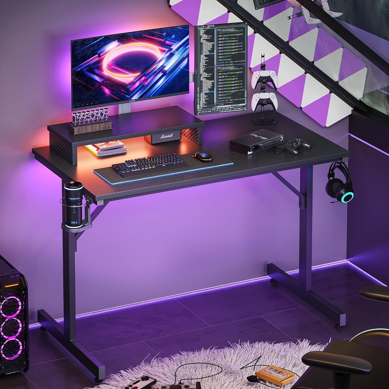 Bestier Scrivania da Gioco LED per PC con Supporto per Monitor, Tavolo Stabile per Computer con Portabicchieri e Gancio per Cuffie, 106 cm (Nero)