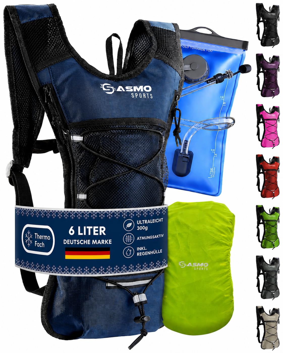 SASMO® Trinkrucksack mit Thermofach | Trinkrucksack Laufen - Ultraleicht 300g & 6L | Laufrucksack mit Trinkblase 2l, BPA-Frei | Rucksack mit Trinkblase & Reflektoren | Laufen, Fahrradfahren