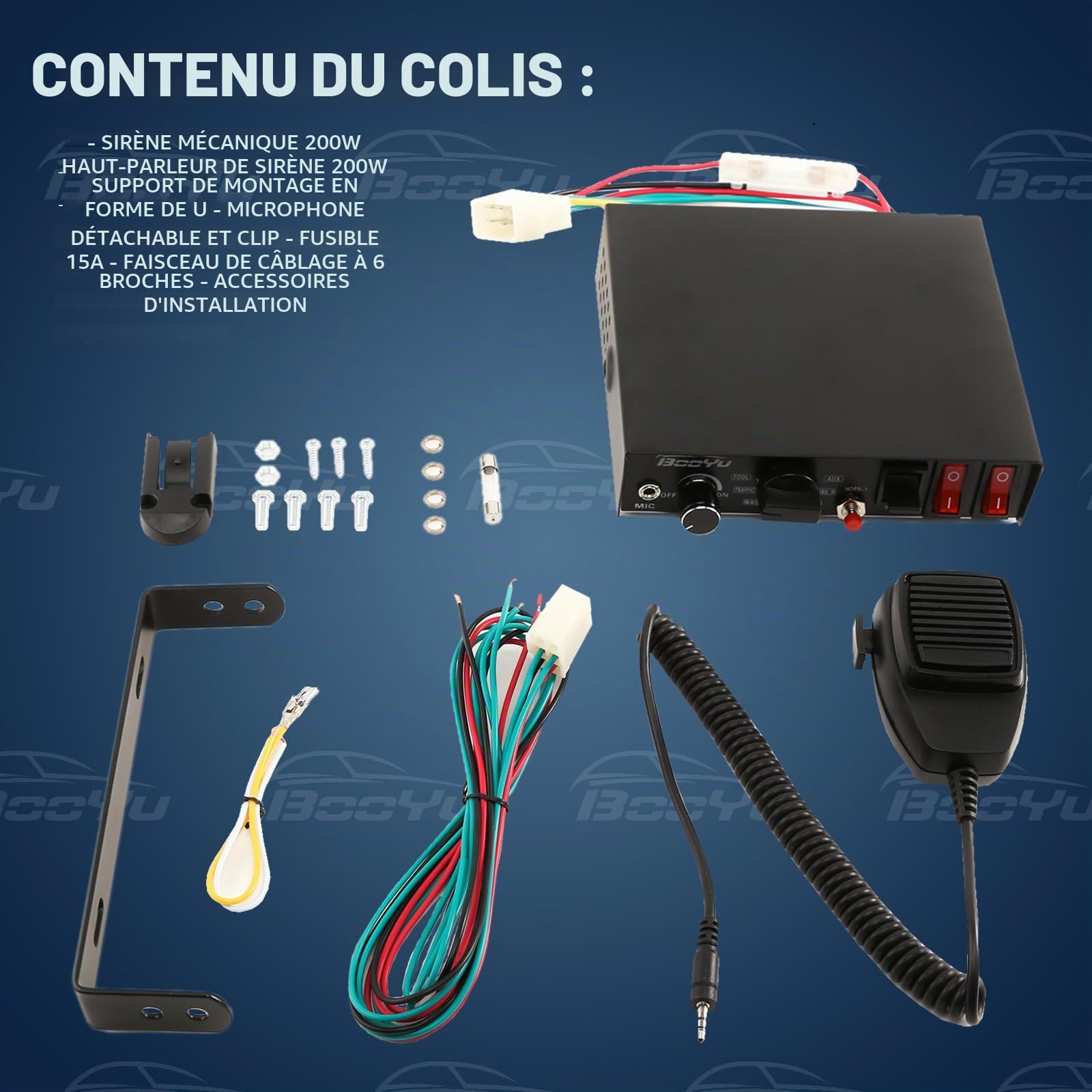 Sirène de police d'urgence 9 tons 12 V 200 W [haut-parleur rectangulaire] [microphone à main] [mains libres] [125–135 dB] [2 interrupteurs 10 A] pour pompiers, ambulances, camions, SUV, VTT, UTV